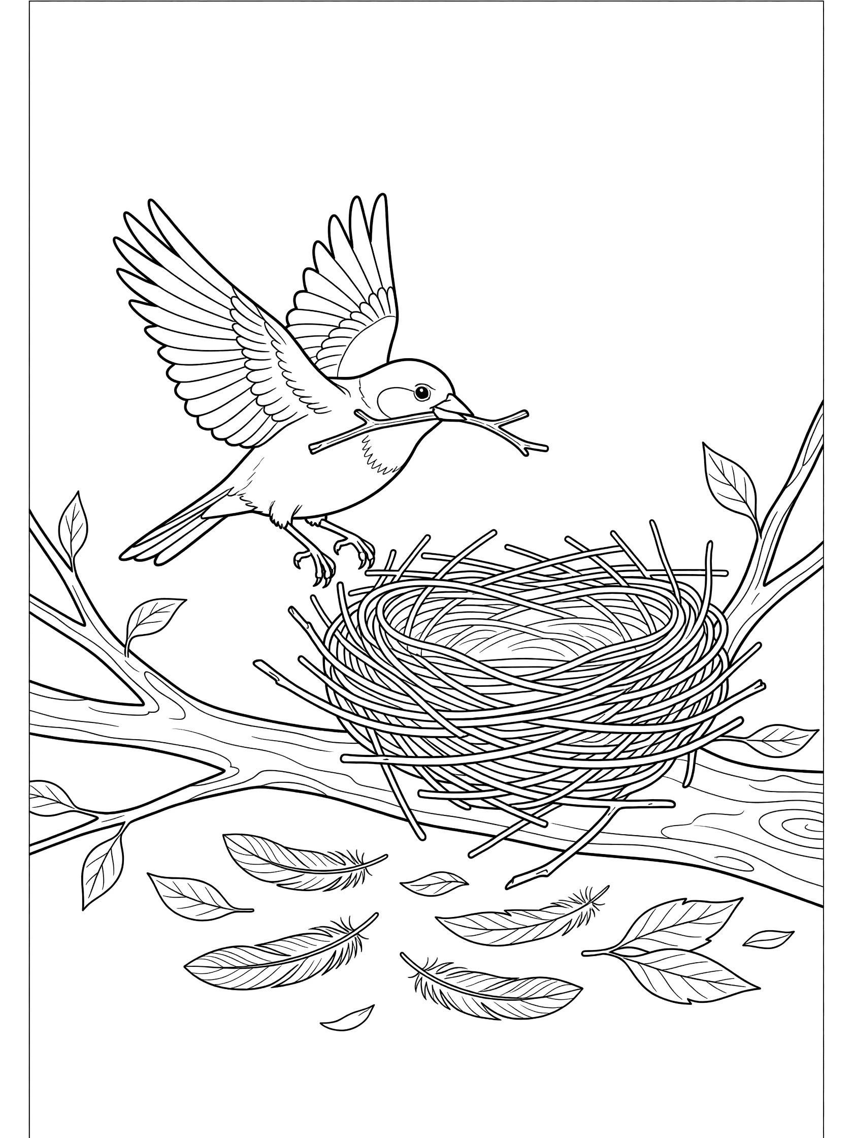 Black and white line art coloring page showing a bird with wings spread carrying a twig toward a nest made of sticks on a tree limb with feathers and leaves below. Sparrow themed black and white printable line art