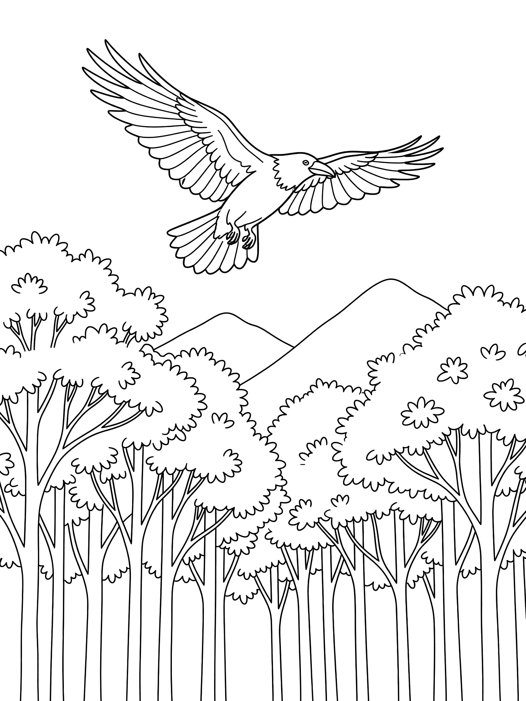 Black and white line drawing of a large bird gliding with outstretched wings above a forest of tall trees and pointy mountain peaks. Raven themed black and white printable line art