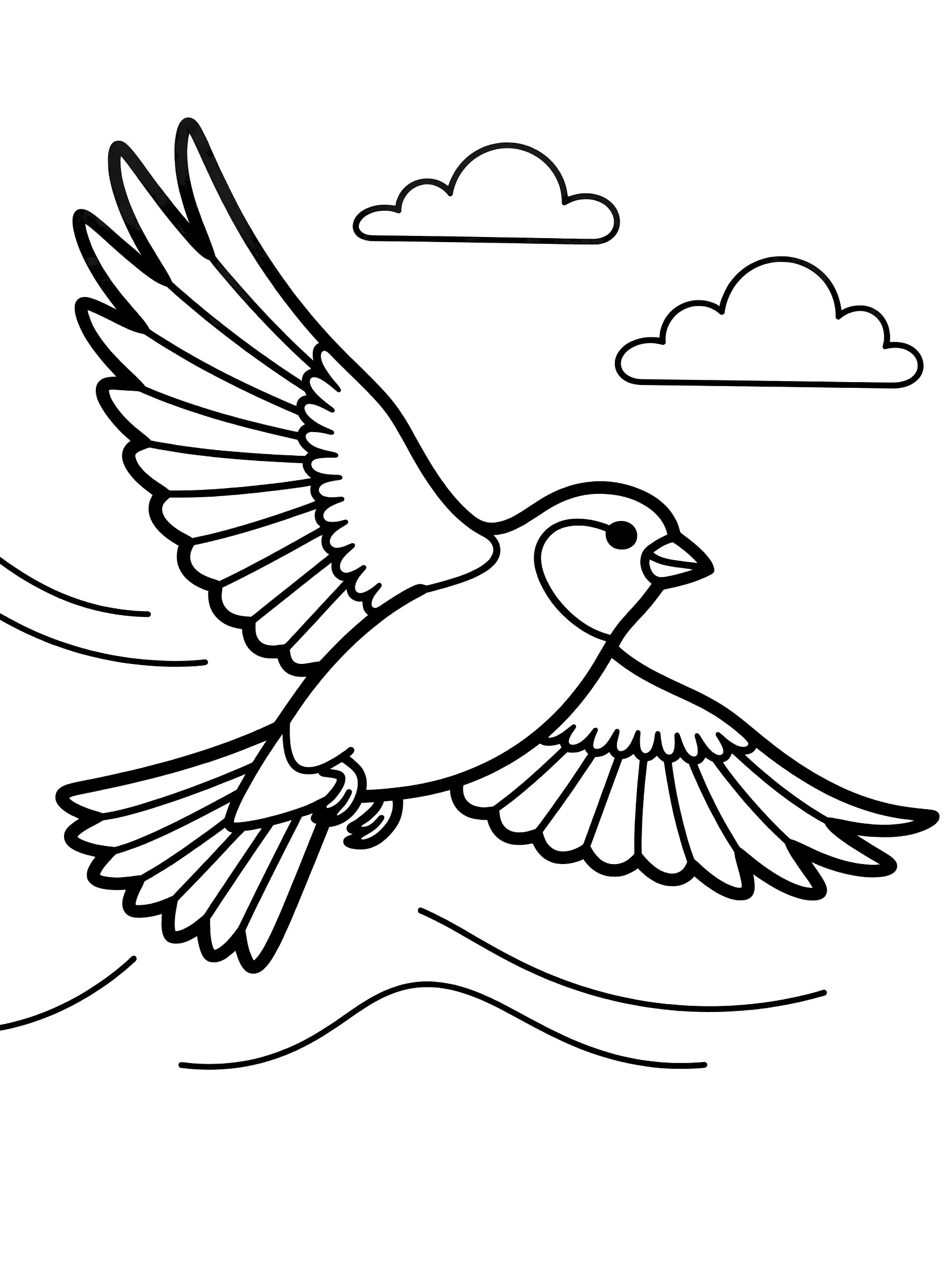 Black and white line drawing of a small bird flying with wide wings and fanned tail over wavy water lines, with puffy clouds above, on white background. Finch themed black and white printable line art
