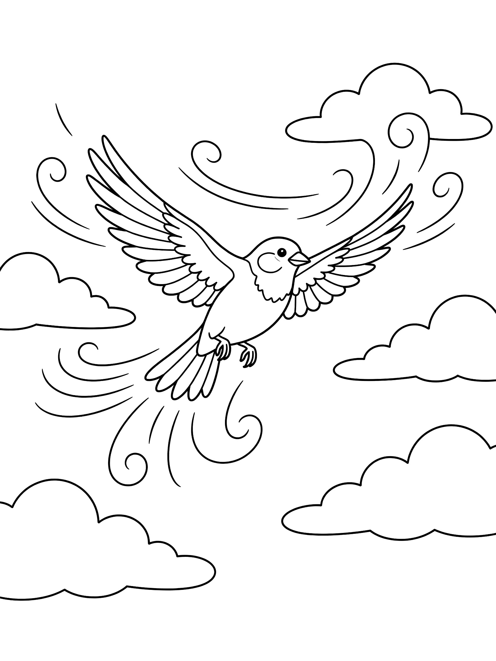 Black and white line art coloring page showing a bird with spread wings flying amid clouds and wind swirls trailing from its tail. Sparrow themed black and white printable line art