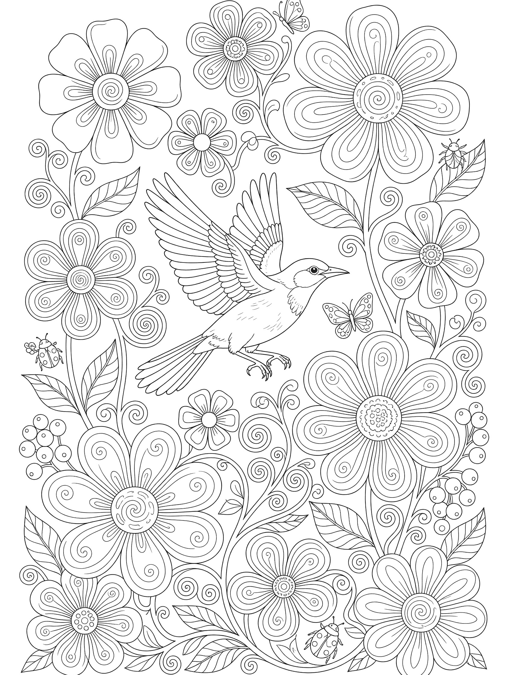 Black and white line art coloring page showing a bird with wings spread flying near large flowers, swirling vines, berries, butterflies, and small bugs. Oriole themed black and white printable line art