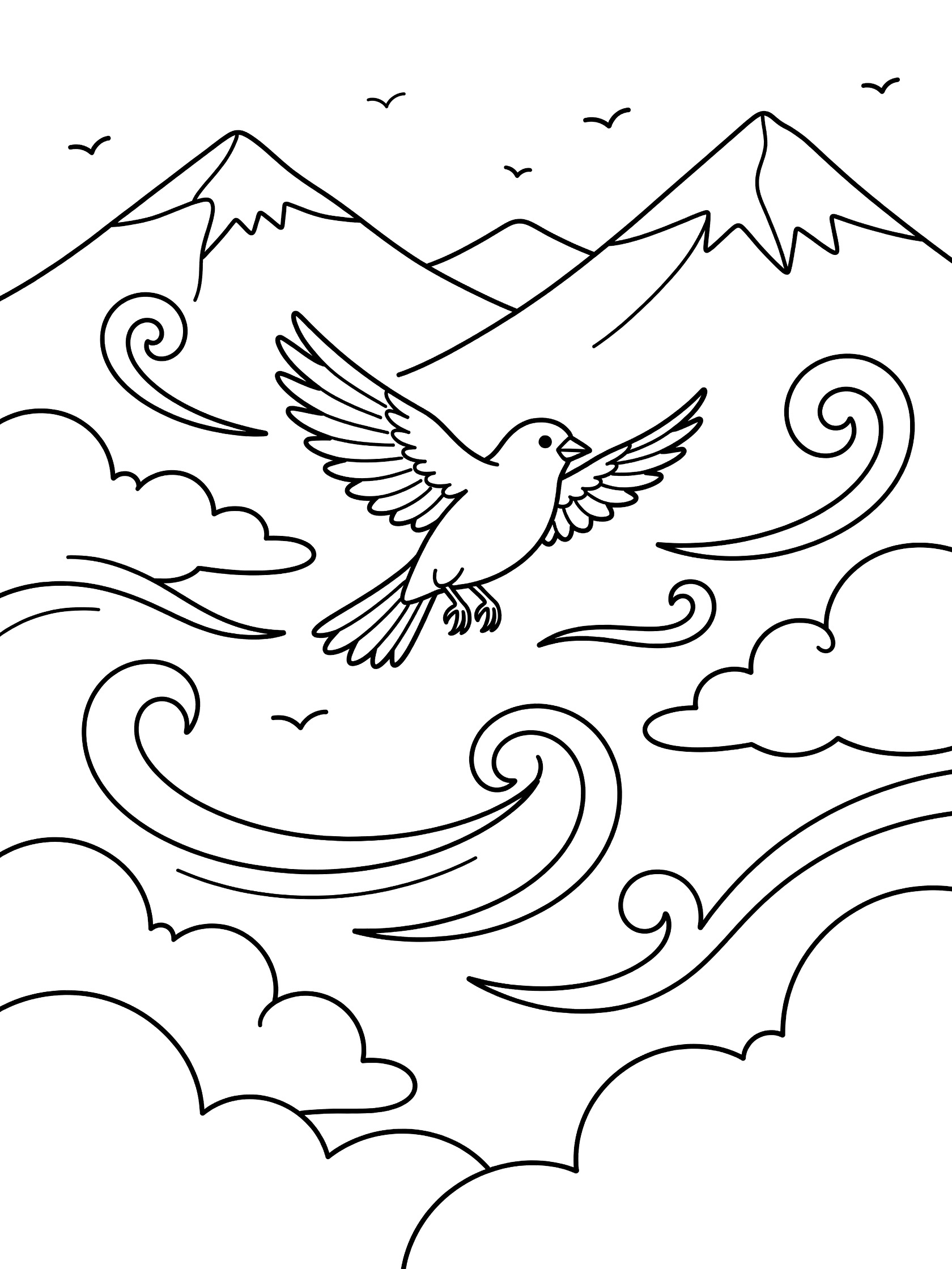 Printable coloring page showing a bird soaring with wide wings, surrounded by clouds, wind lines, distant mountains, and small background birds. Canary themed black and white printable line art