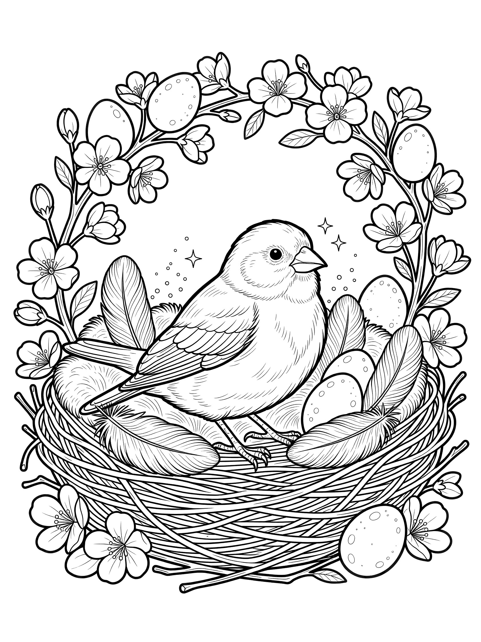 Black and white line art of a bird in a woven nest with eggs, flowers, branches, leaves, and sparkles. Canary themed black and white printable line art