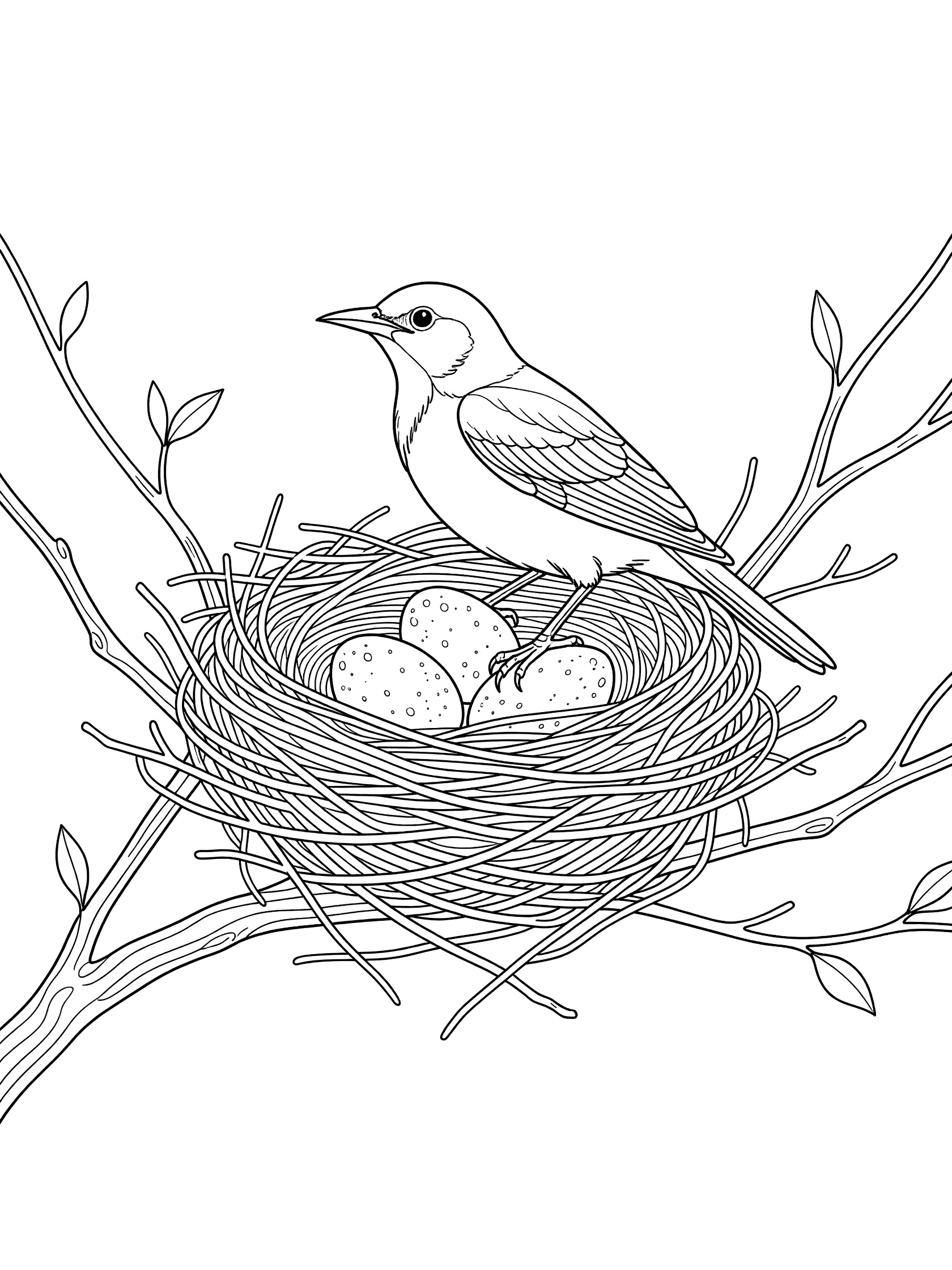 Black and white coloring page of a bird perched in a nest holding three speckled eggs surrounded by twigs and branches. Oriole themed black and white printable line art