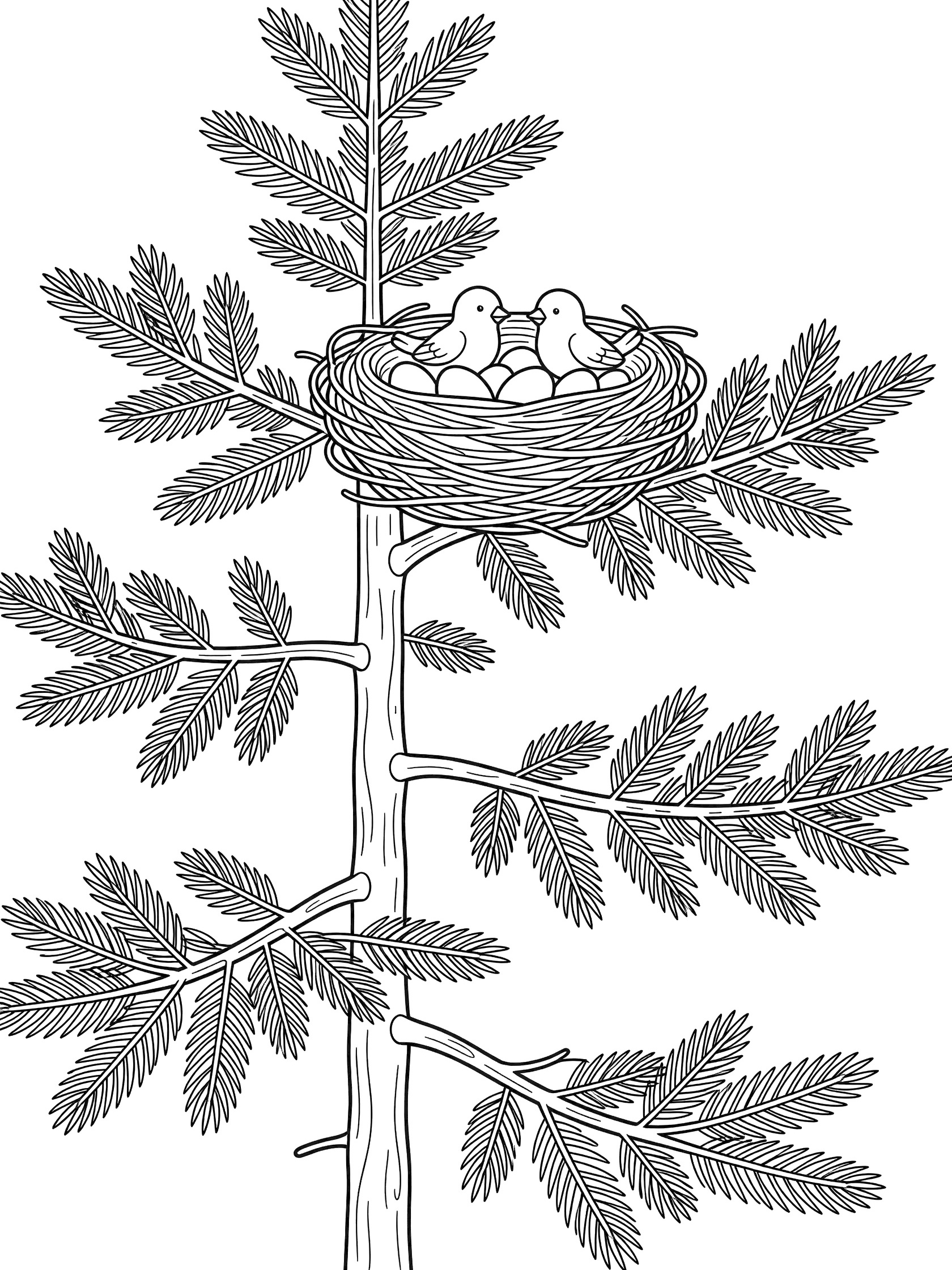 Black and white line art of a tree with a bird nest containing two baby birds peeking out and eggs. Pine Tree themed black and white printable line art