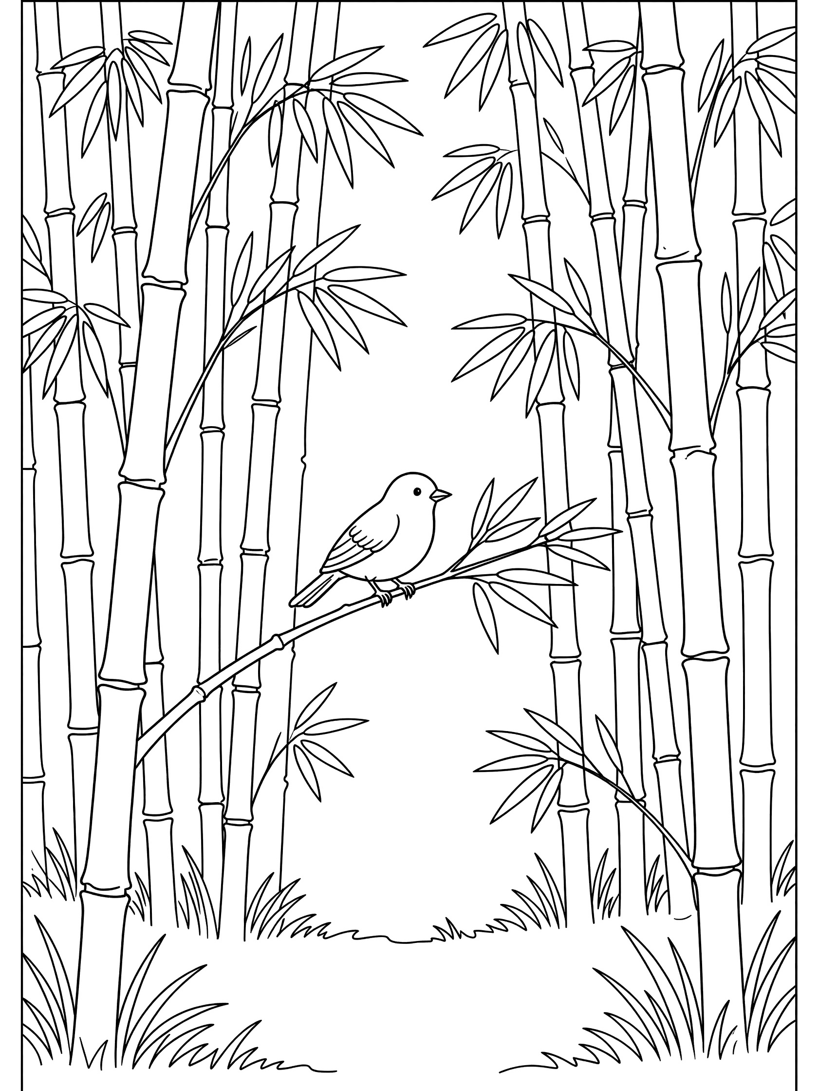 Black and white line art coloring page showing a small bird perched on a thin bamboo branch with thick bamboo stalks, leaves, and grass below on a white background. Bamboo Forests themed black and white printable line art