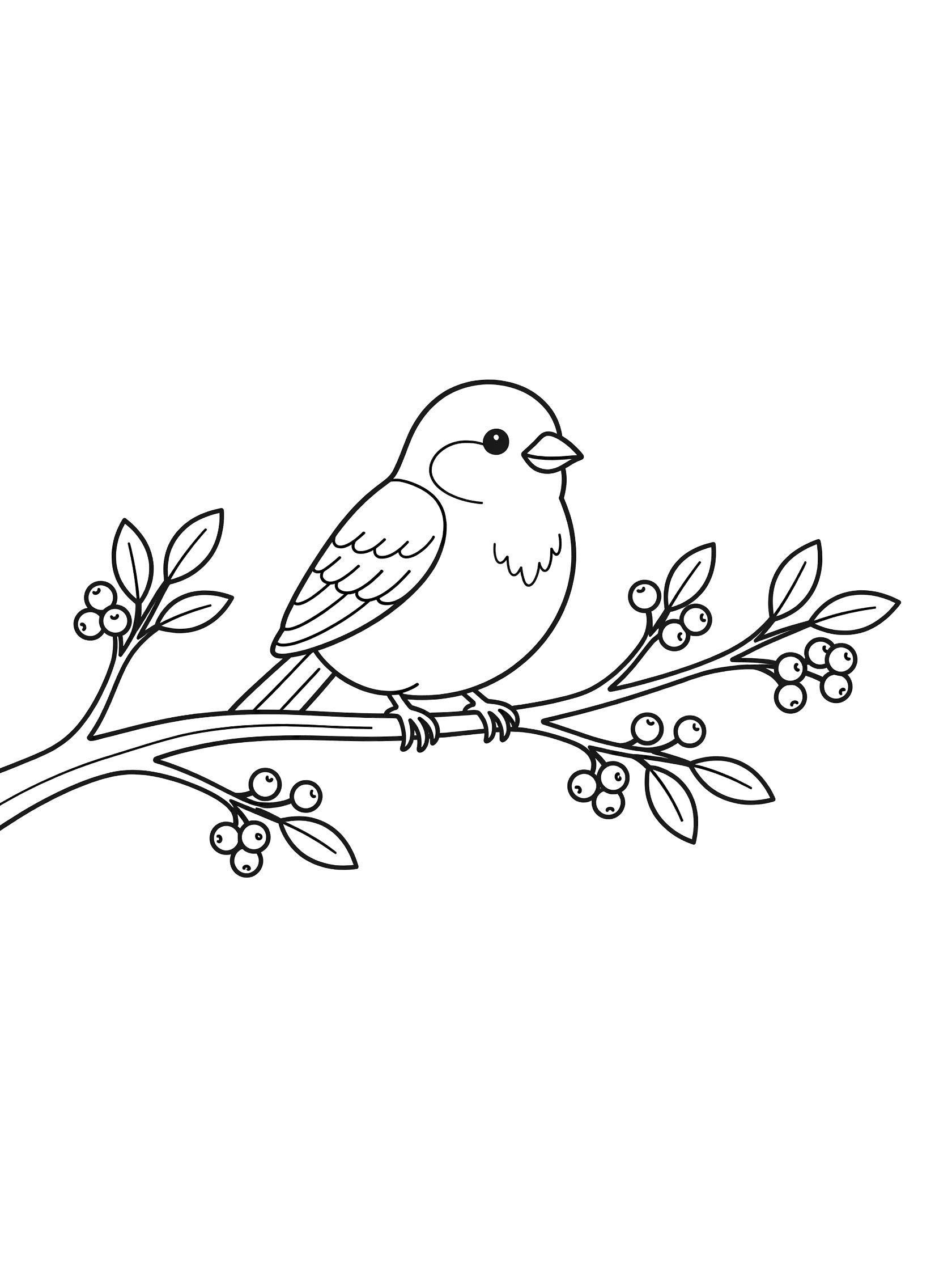 Simple line art coloring page showing a small bird perched on a thin branch with a few leaves and clusters of berries. Sparrow themed black and white printable line art