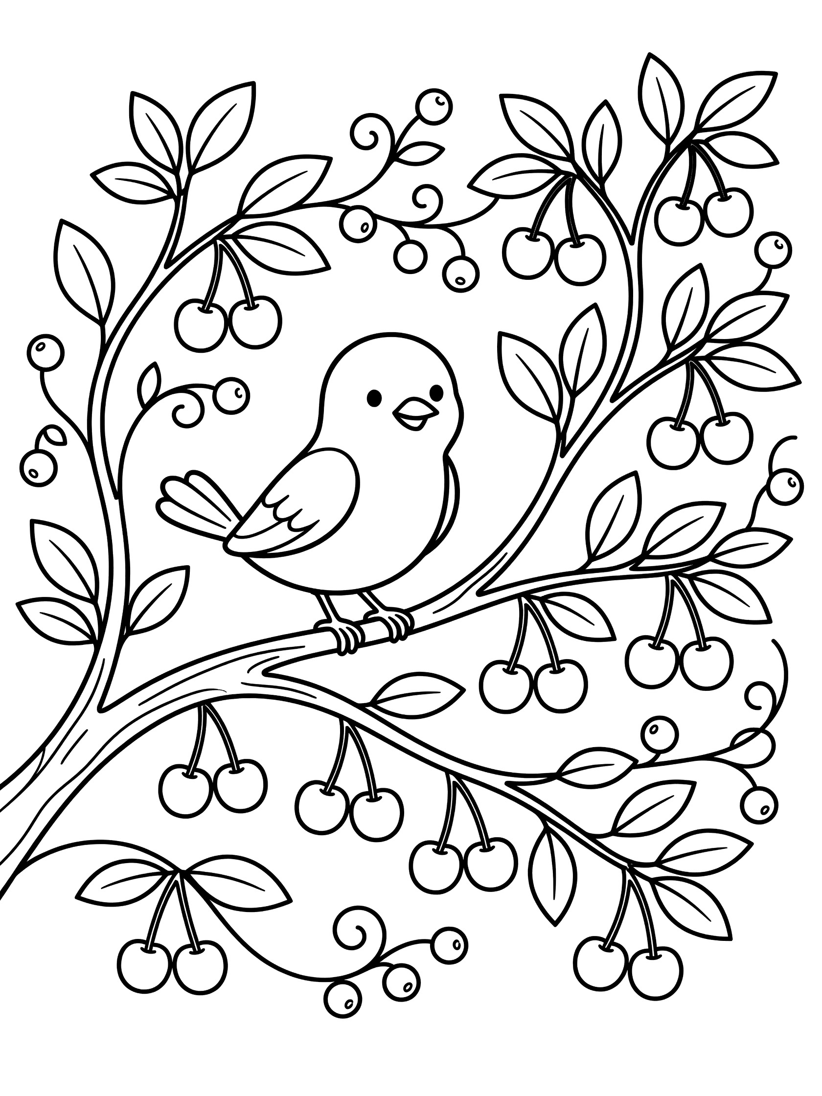 Printable coloring page showing a friendly bird perched on a curving cherry branch with lots of leaves, cherries, and swirly vines.