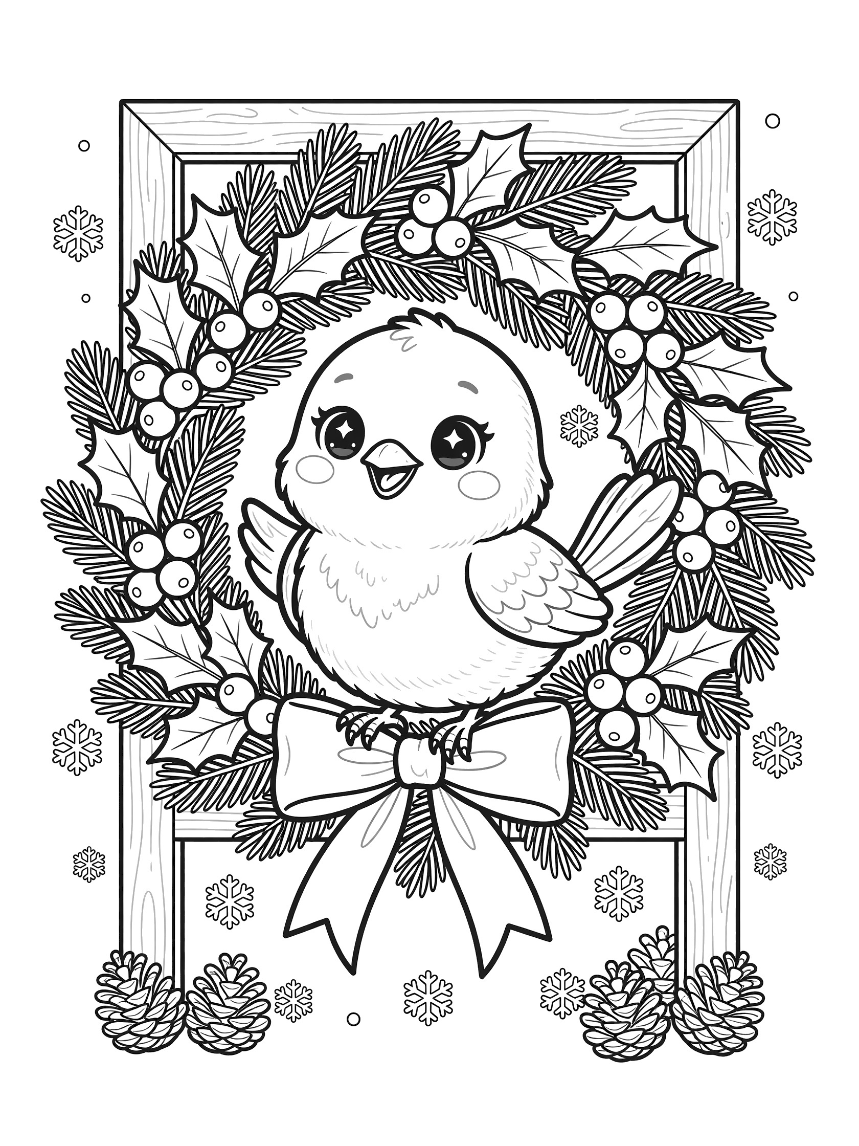 Black and white line art coloring page showing a kawaii bird with big eyes perched on a Christmas wreath hanging on a wooden door frame, with berries, bow, snowflakes, and pine cones.