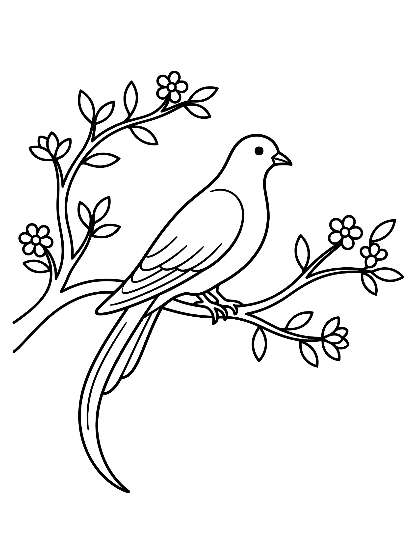 Black and white line art coloring page showing a bird with long tail feathers sitting on a tree branch with leaves and small flowers. Dove themed black and white printable line art