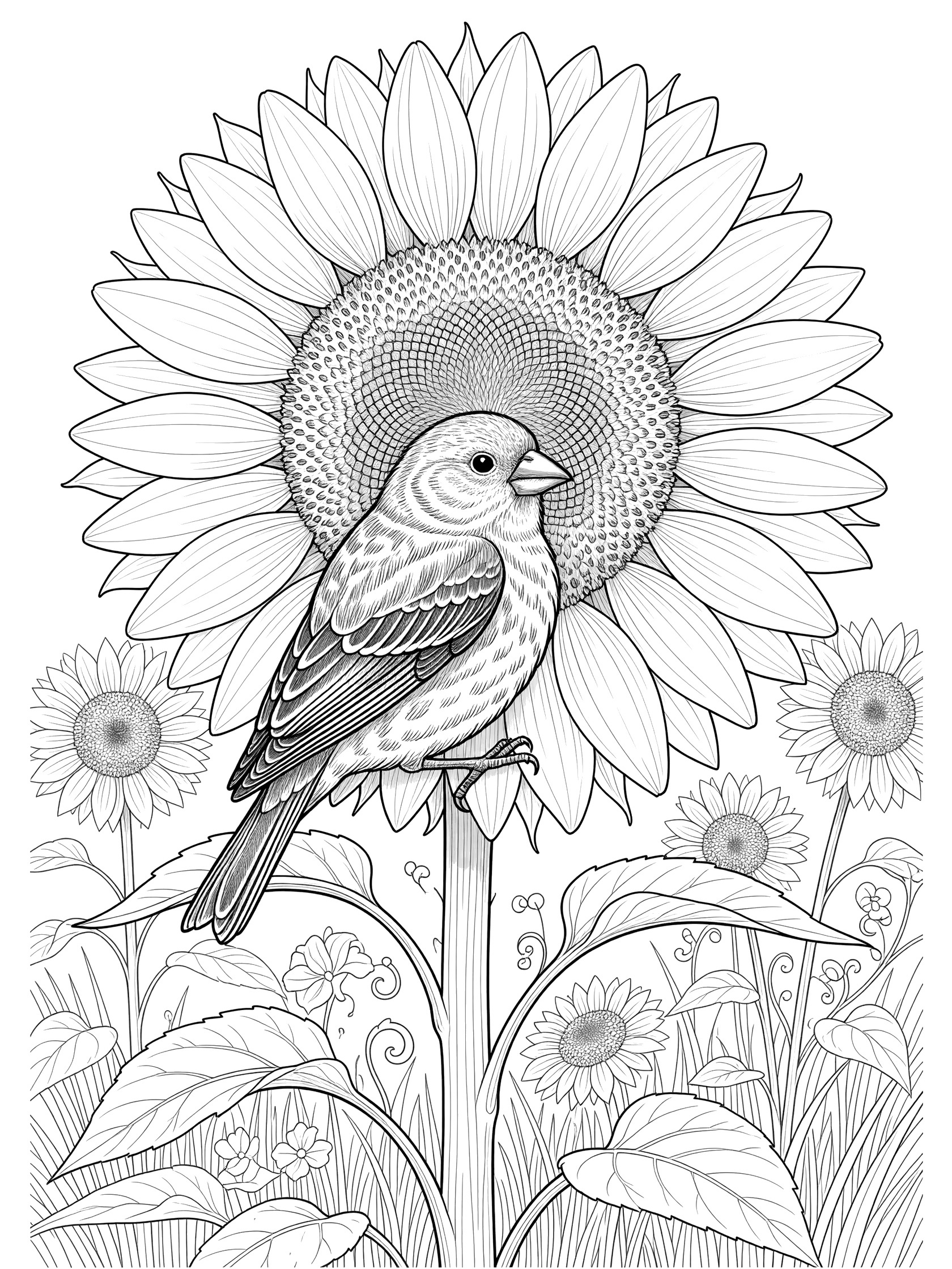 Black and white line drawing of a small bird clinging to a large sunflower, surrounded by leaves and smaller flowers on a white background. Finch themed black and white printable line art