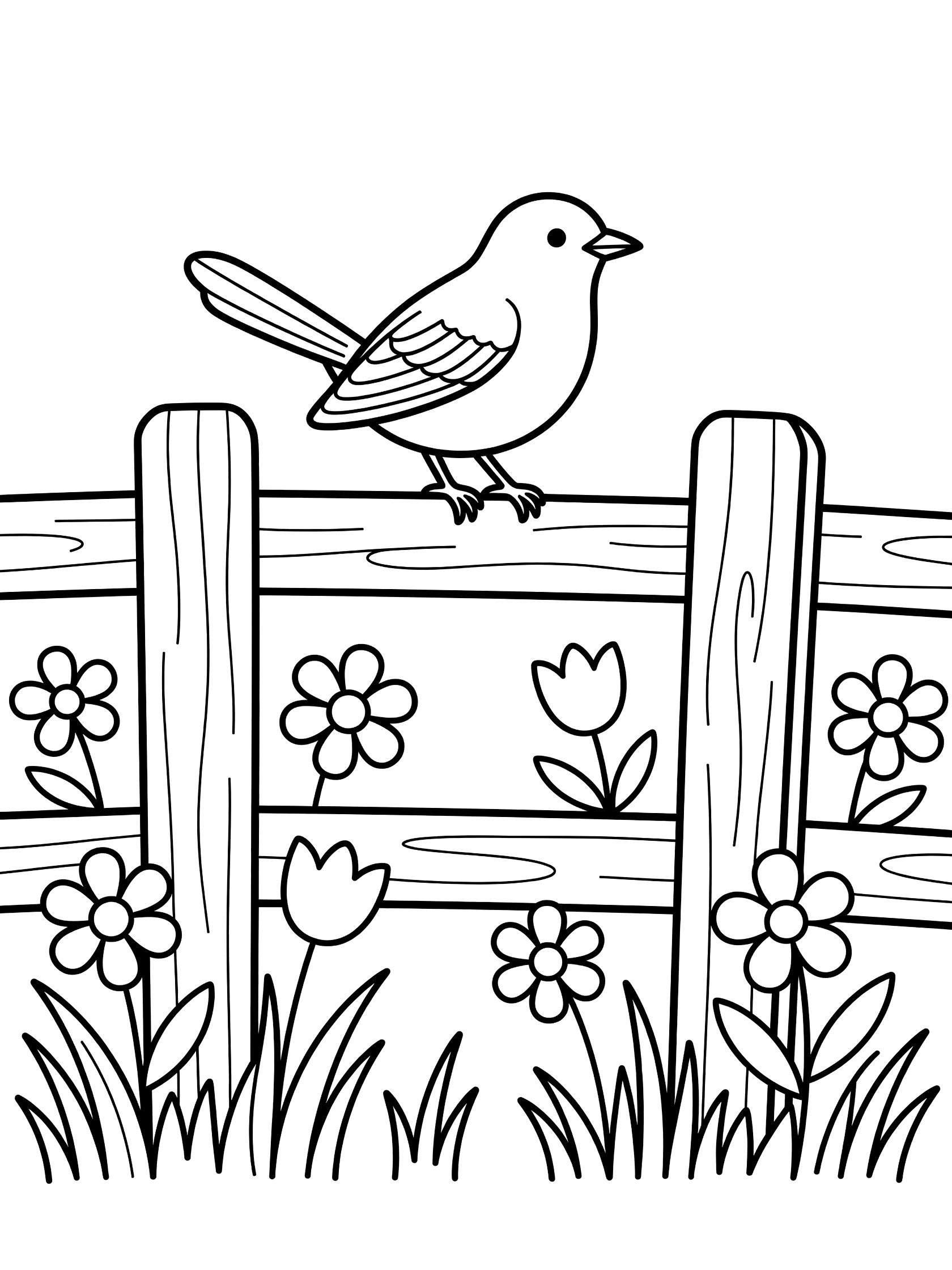 Black and white printable coloring page showing a bird sitting on a wooden fence surrounded by daisies, tulips, and grass. Mockingbird themed black and white printable line art