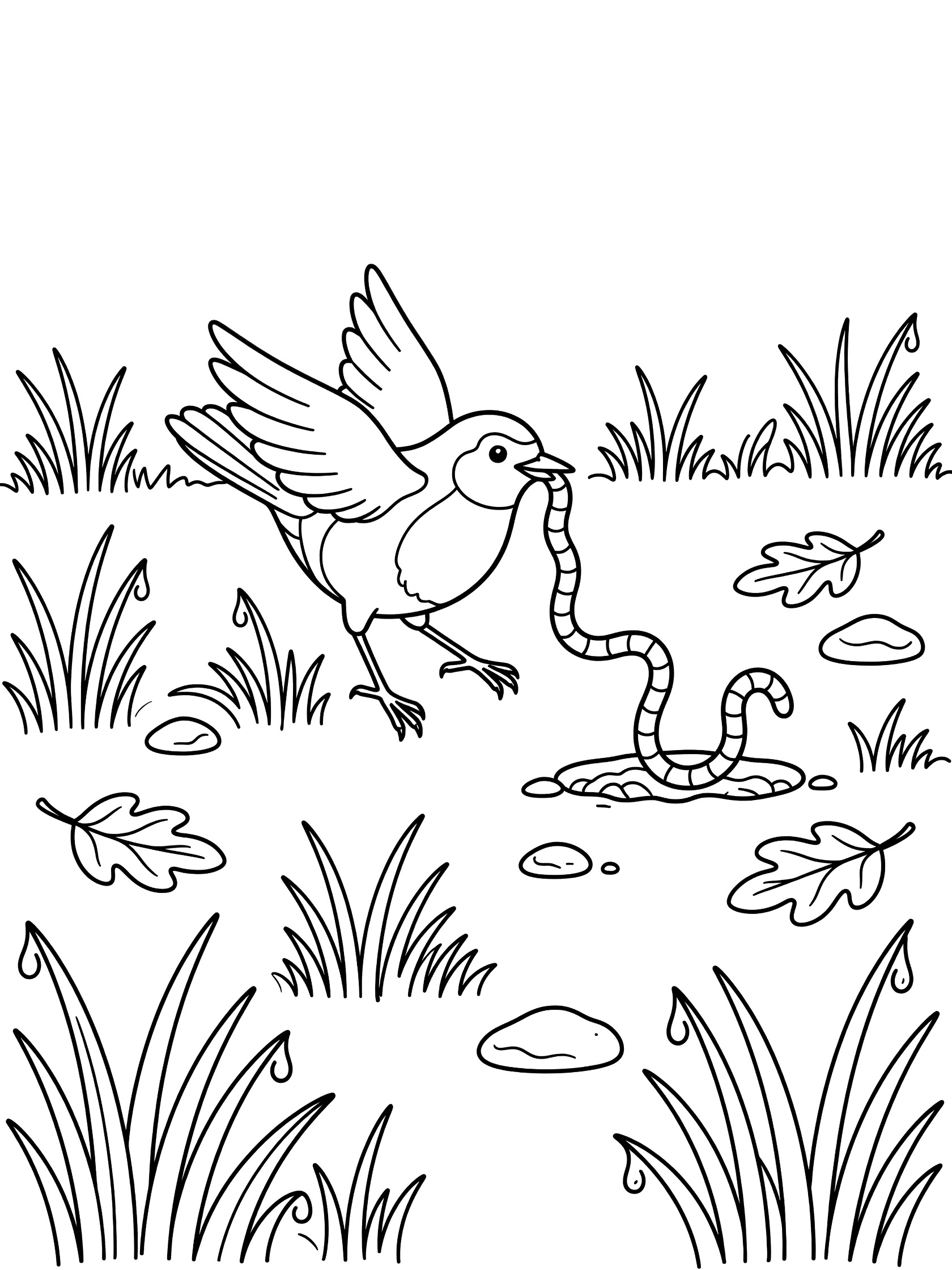 Line art coloring page showing a bird with spread wings hopping on grass, pulling a long worm from the soil, surrounded by grass blades, leaves, pebbles and dewdrops. Robin themed black and white printable line art
