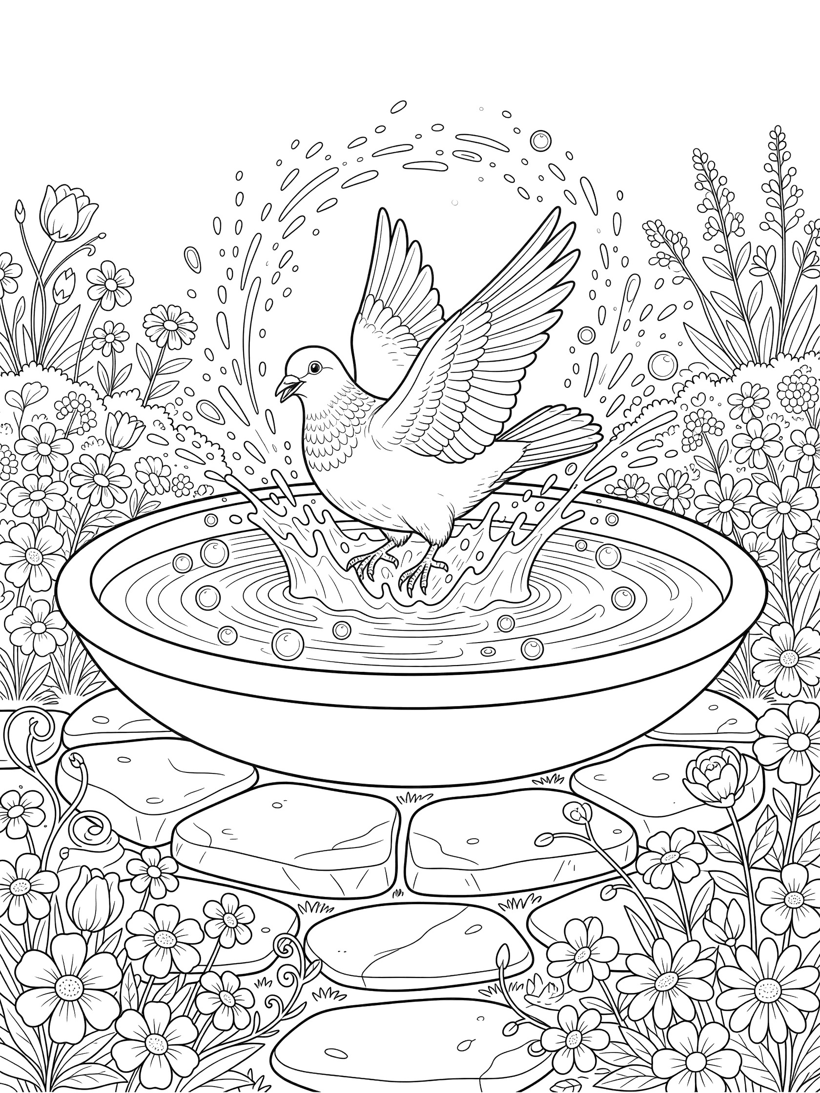 Black and white line art coloring page showing a bird with wings spread splashing in a round birdbath. Water droplets splash up, surrounded by flowers and stones on a white background. Pigeon themed black and white printable line art