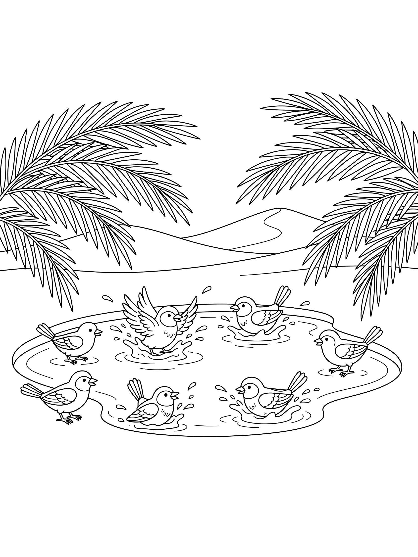 Line art coloring page showing several small birds splashing in a round oasis pool with palm tree fronds overhead and distant sand dunes in a desert setting.