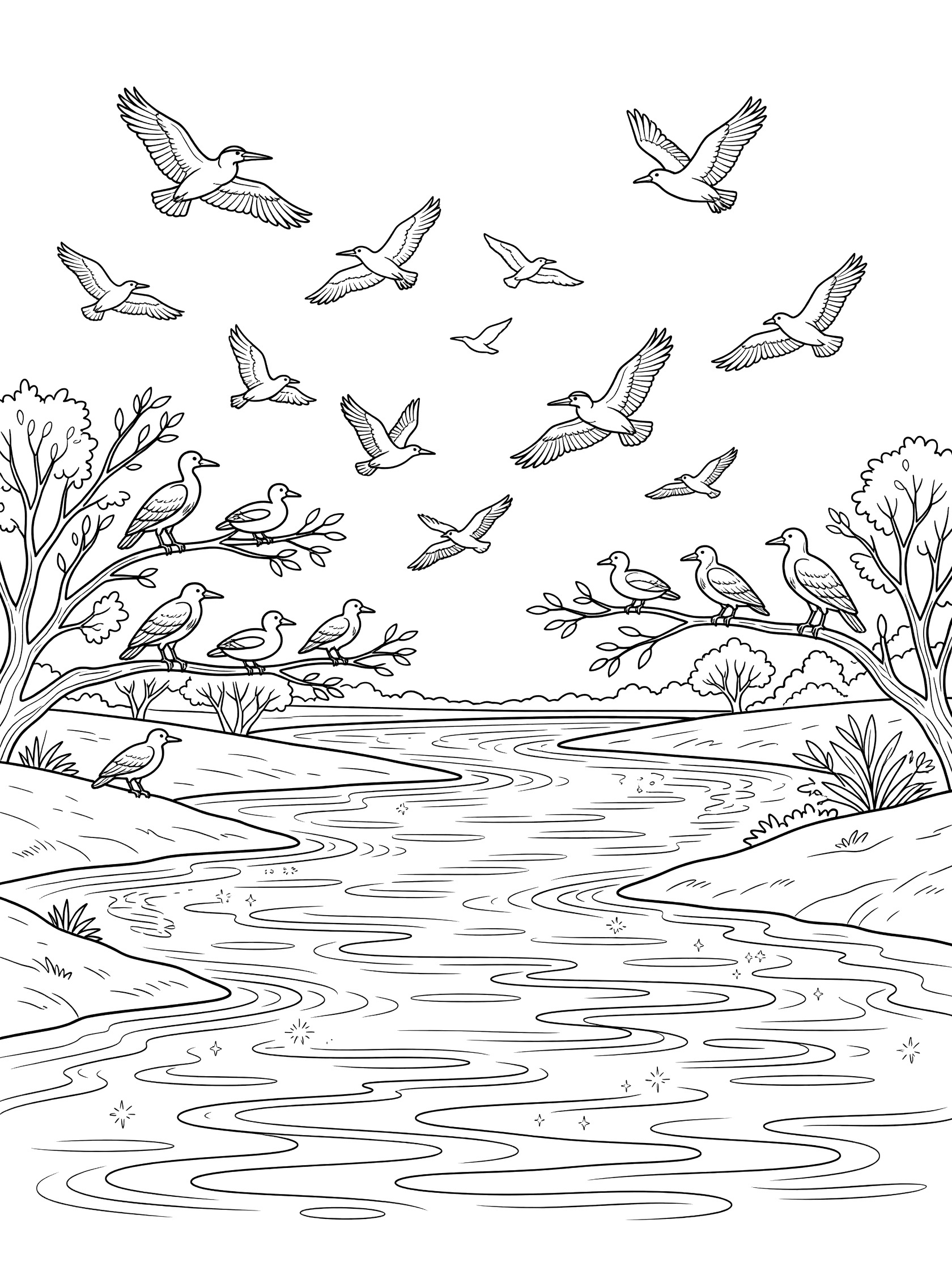 Printable coloring page showing many birds flying above a river with wavy water lines, birds perched on tree branches, grass, and trees on the sides. Euphrates River themed black and white printable line art