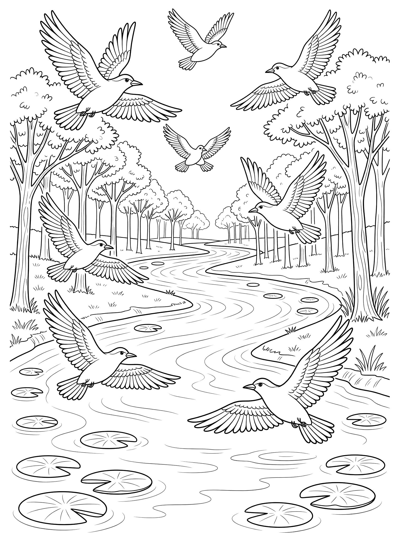 Black and white coloring page of multiple birds flying above a curvy stream surrounded by trees and lily pads in a forest. Congo River themed black and white printable line art