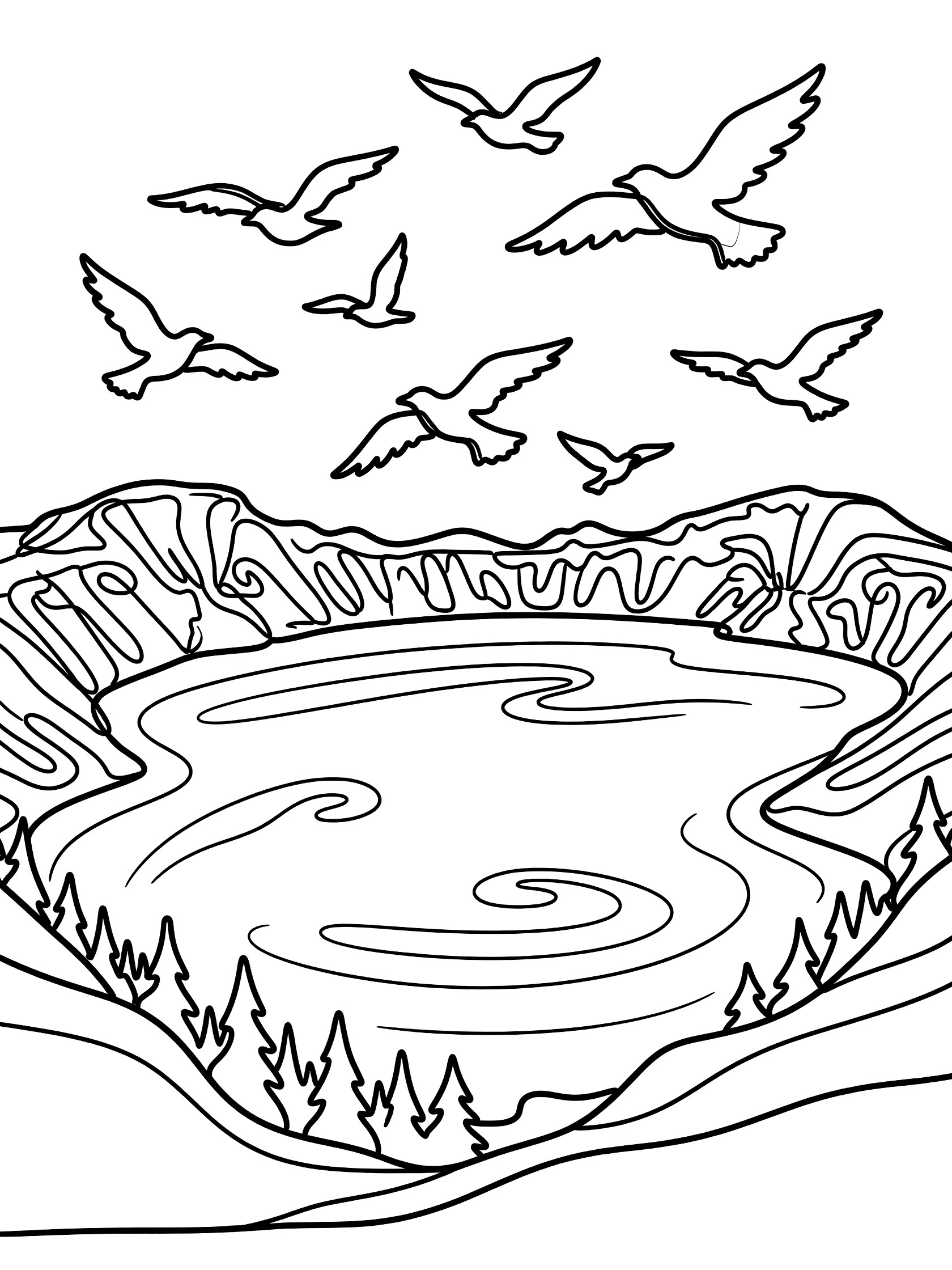 Black and white line art coloring page showing several birds soaring above a round lake surrounded by cliffs and trees. Crater Lake themed black and white printable line art