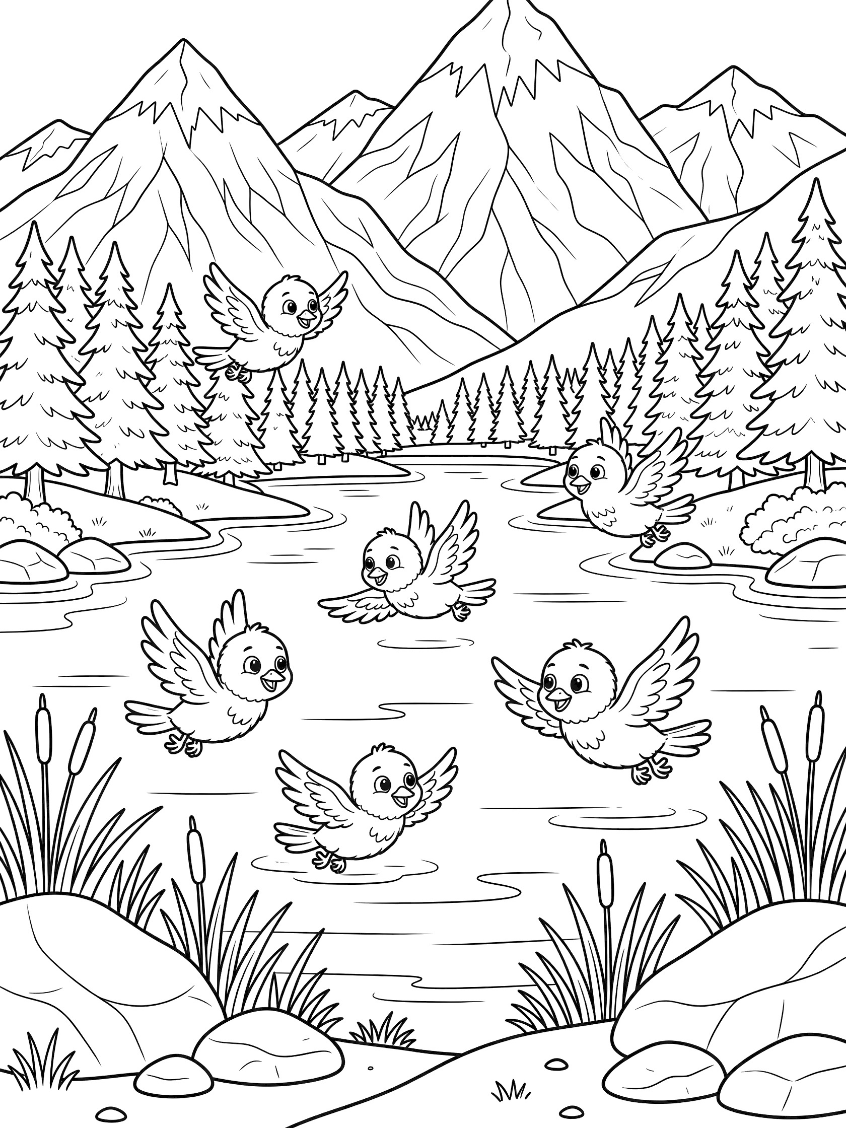 Black and white line art coloring page showing several birds flying above a lake surrounded by pine trees, jagged mountains, reeds, rocks, and shorelines. Mountain Lakes themed black and white printable line art