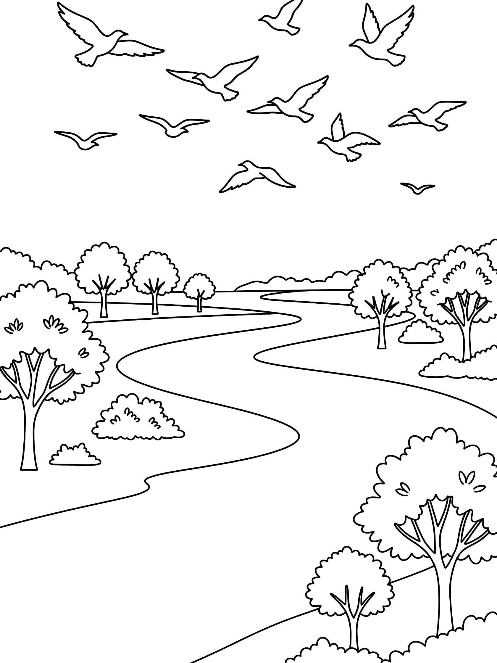 Black and white line art coloring page showing a flock of birds flying above a curving river lined with trees and bushes. Ganges River themed black and white printable line art