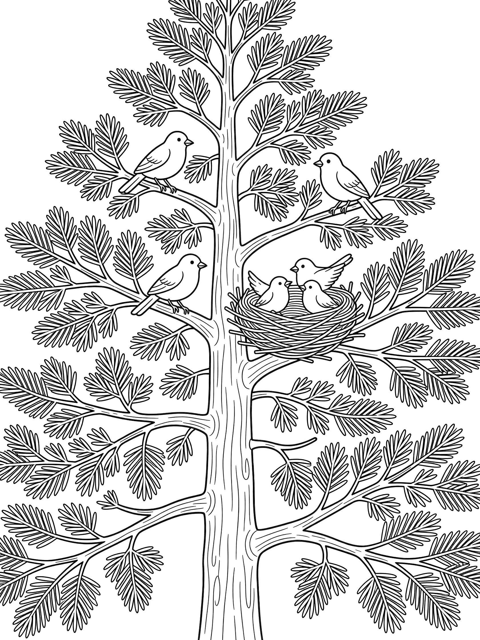 Printable coloring page showing a pine tree with birds nest on a branch, baby birds in nest, and adult birds perched on branches, clean line art. Cedar Tree themed black and white printable line art