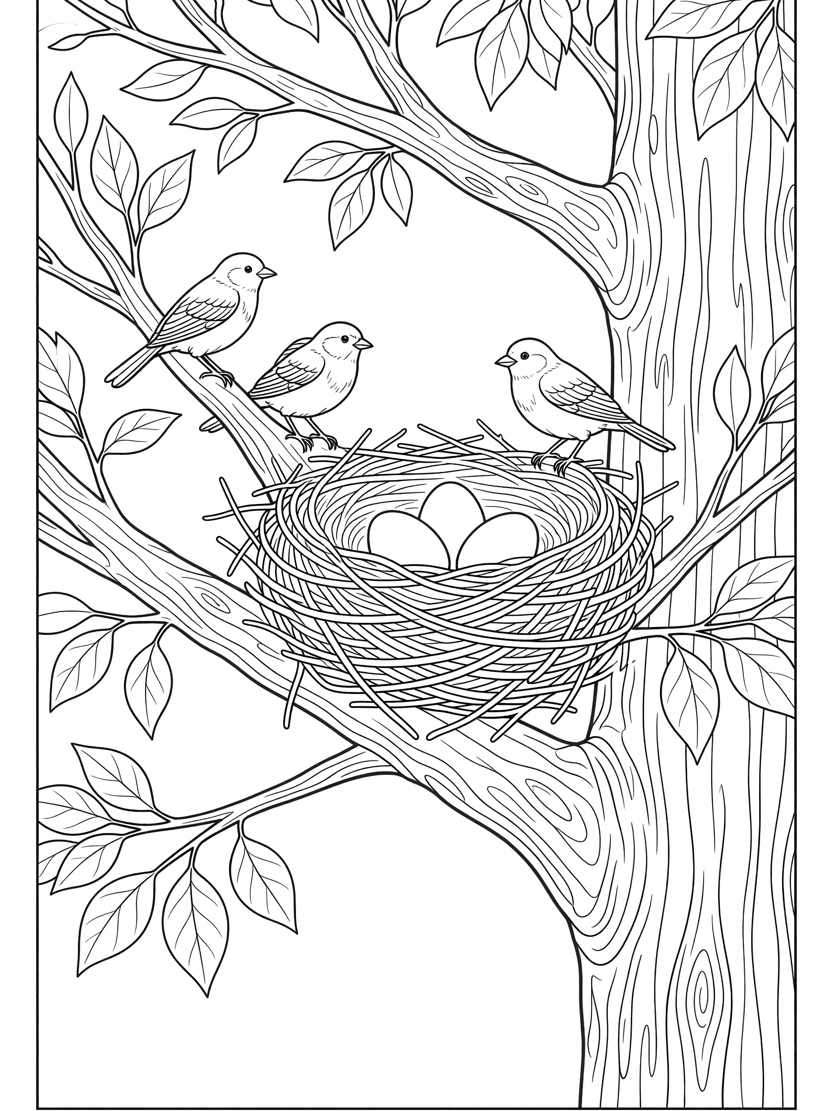 Black and white line art coloring page showing a birds nest with three eggs on a tree branch, three small birds perched around it, tree trunk and leaves. Sequoia Tree themed black and white printable line art