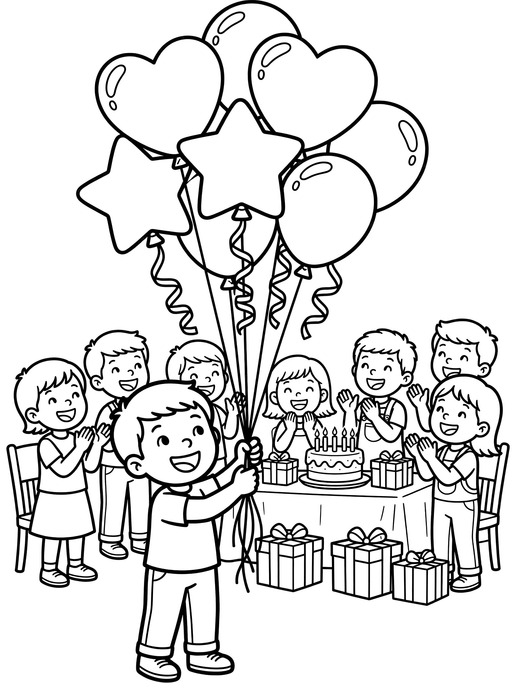 Line art coloring page showing a happy kid with oversized birthday balloons including hearts stars and rounds tied with curly ribbons plus smiling friends cake and presents