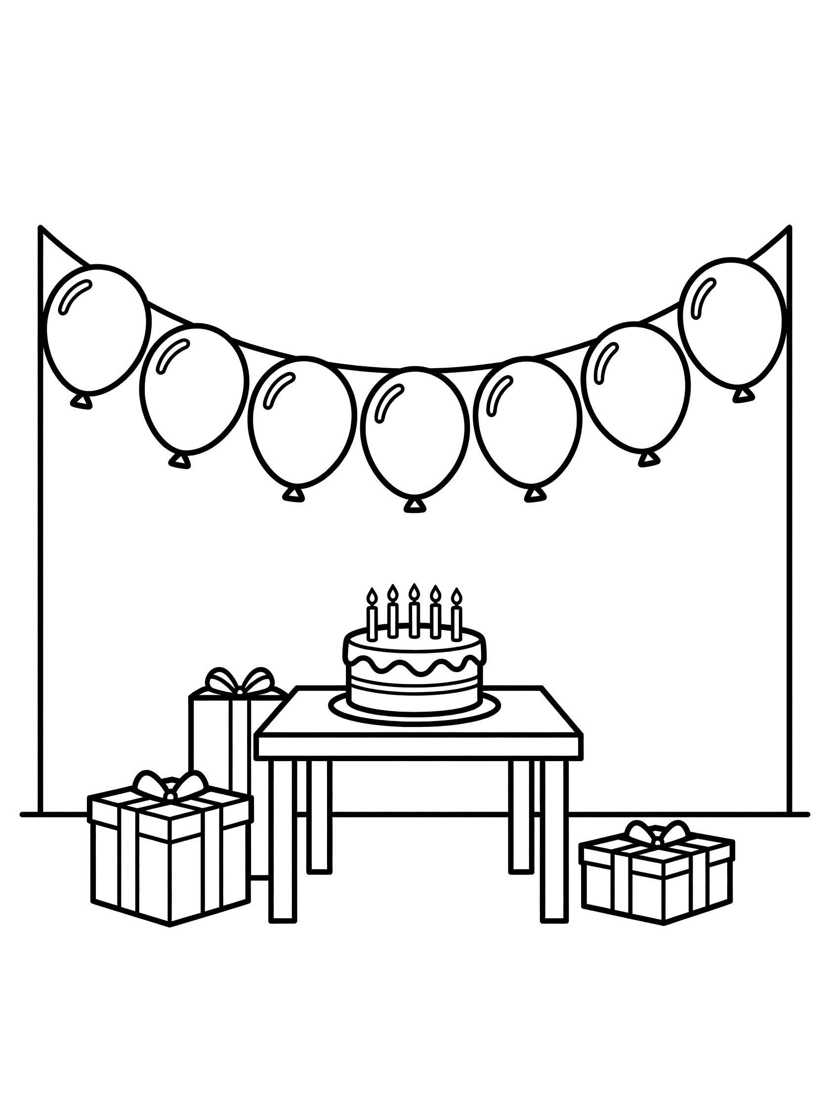 Black and white coloring page showing balloons on strings above a round birthday cake with candles on a table with three wrapped presents.