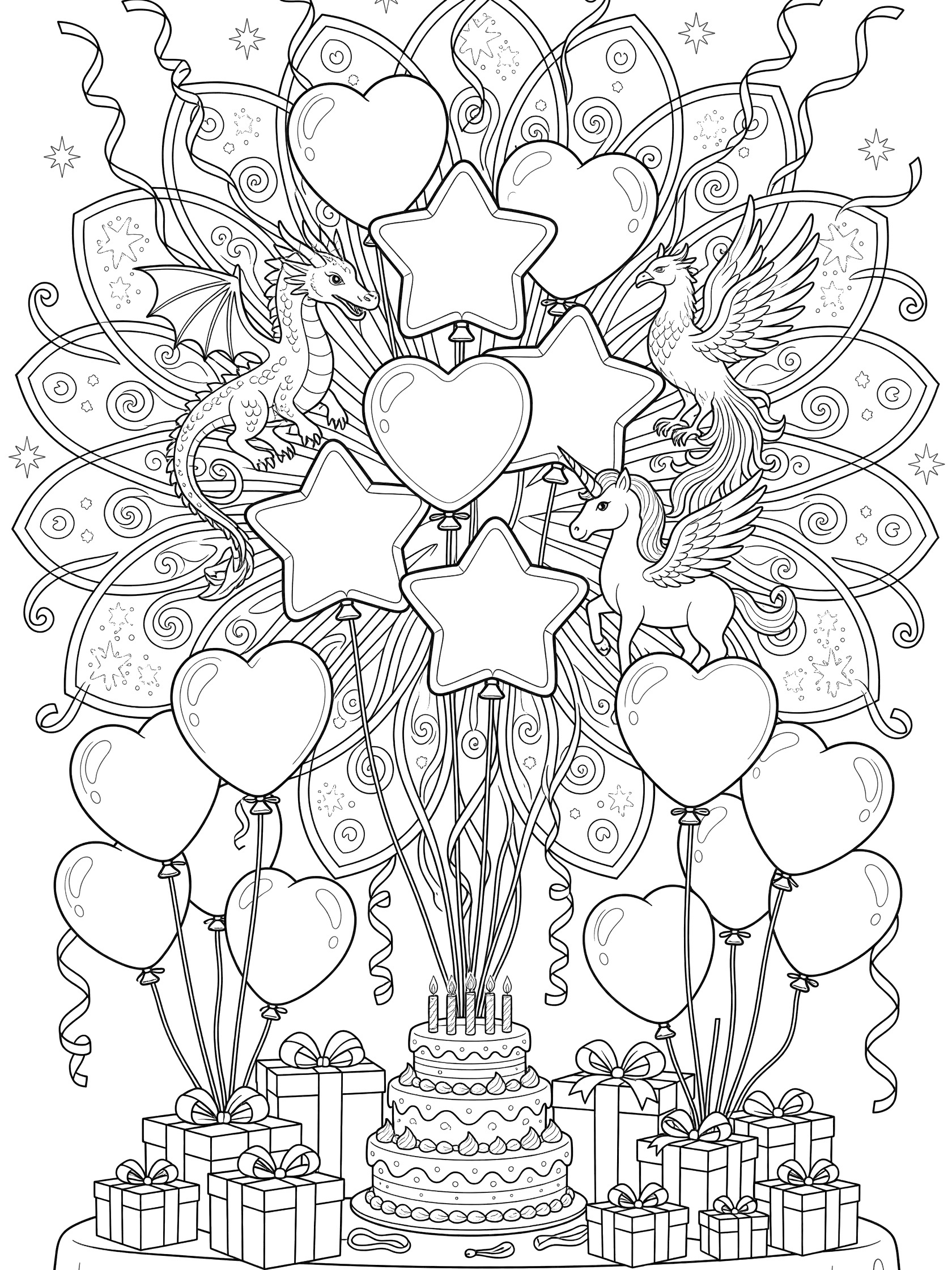 Symmetrical coloring page featuring clusters of heart, star, unicorn, dragon, and phoenix balloons with long streamers floating over a birthday table with cake and wrapped gifts.