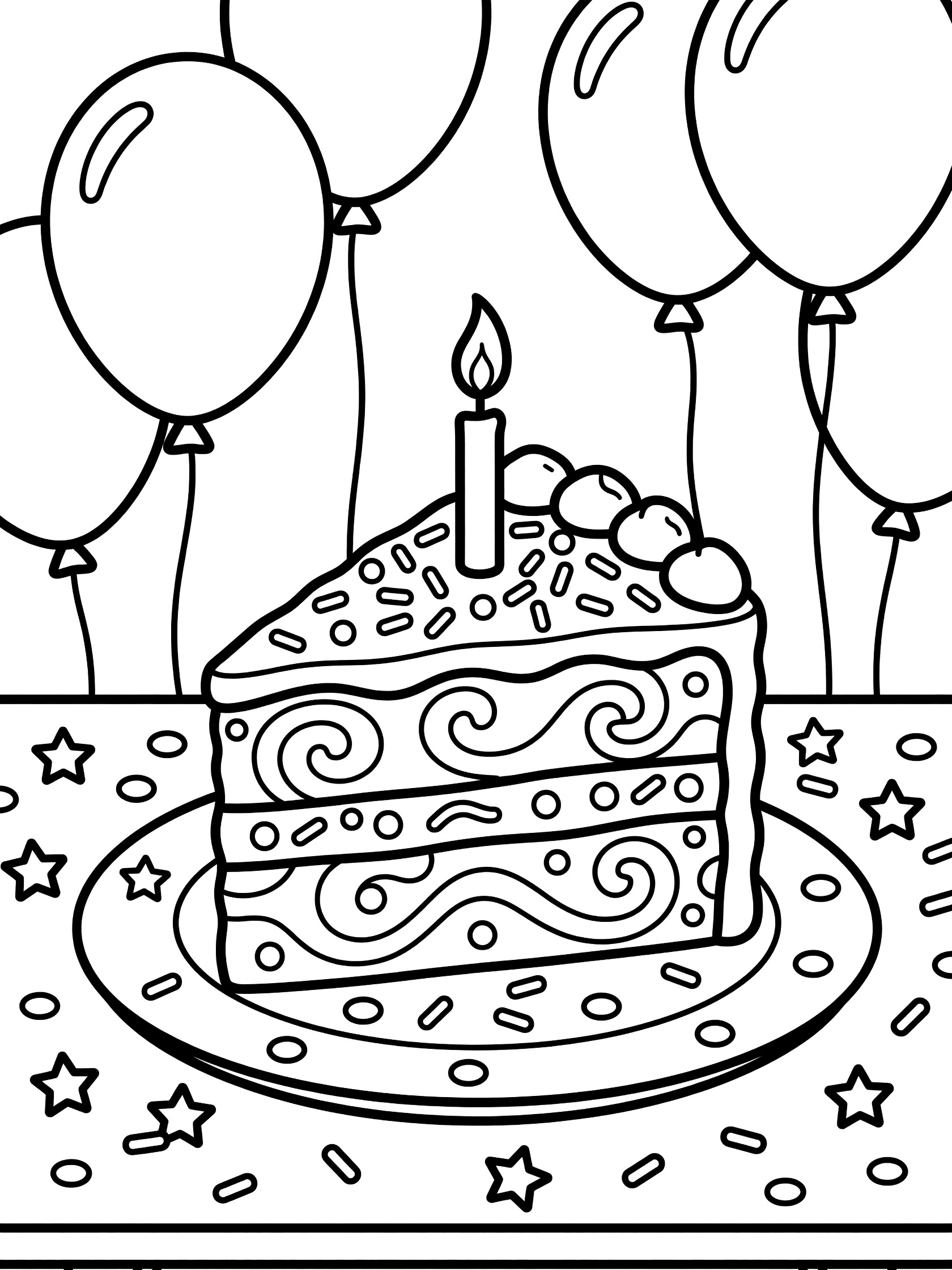 Printable coloring page showing a slice of birthday cake on a plate with lit candle, swirly frosting, sprinkles, party balloons and confetti