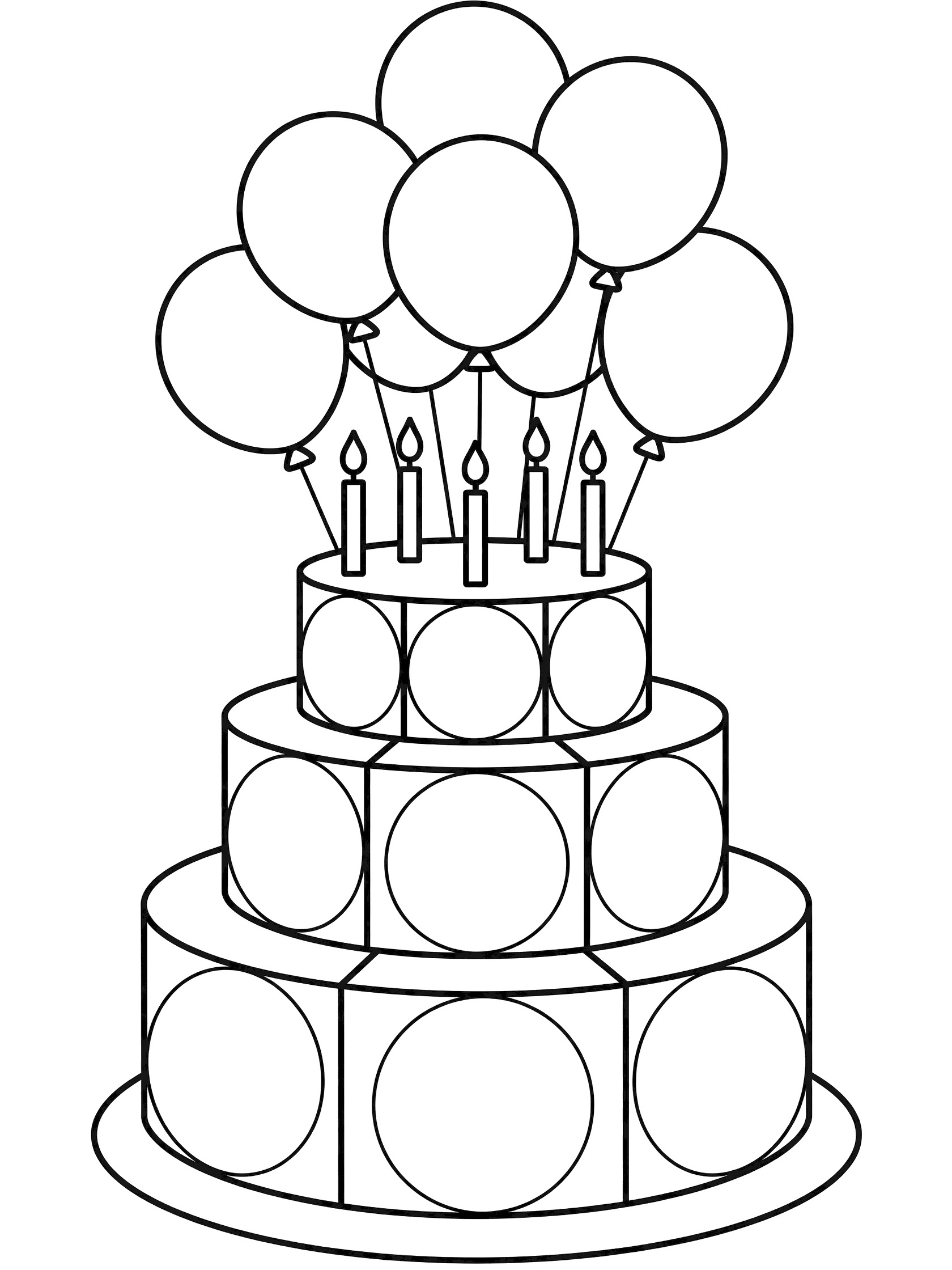 Black and white line art of a geometric birthday cake with square and circle layers, topped by candles, and a cluster of balloons tied with strings.