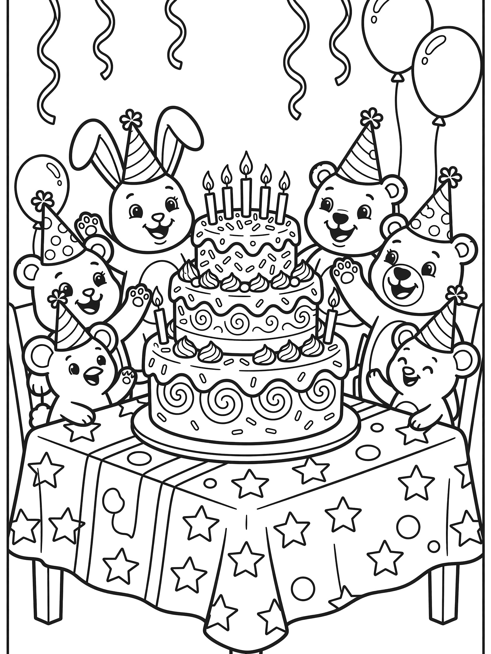 Black and white line art of a birthday cake with stacked layers, candles, and swirls on a tablecloth-covered table, with cute cartoon bunnies and bears in party hats, balloons, and streamers.