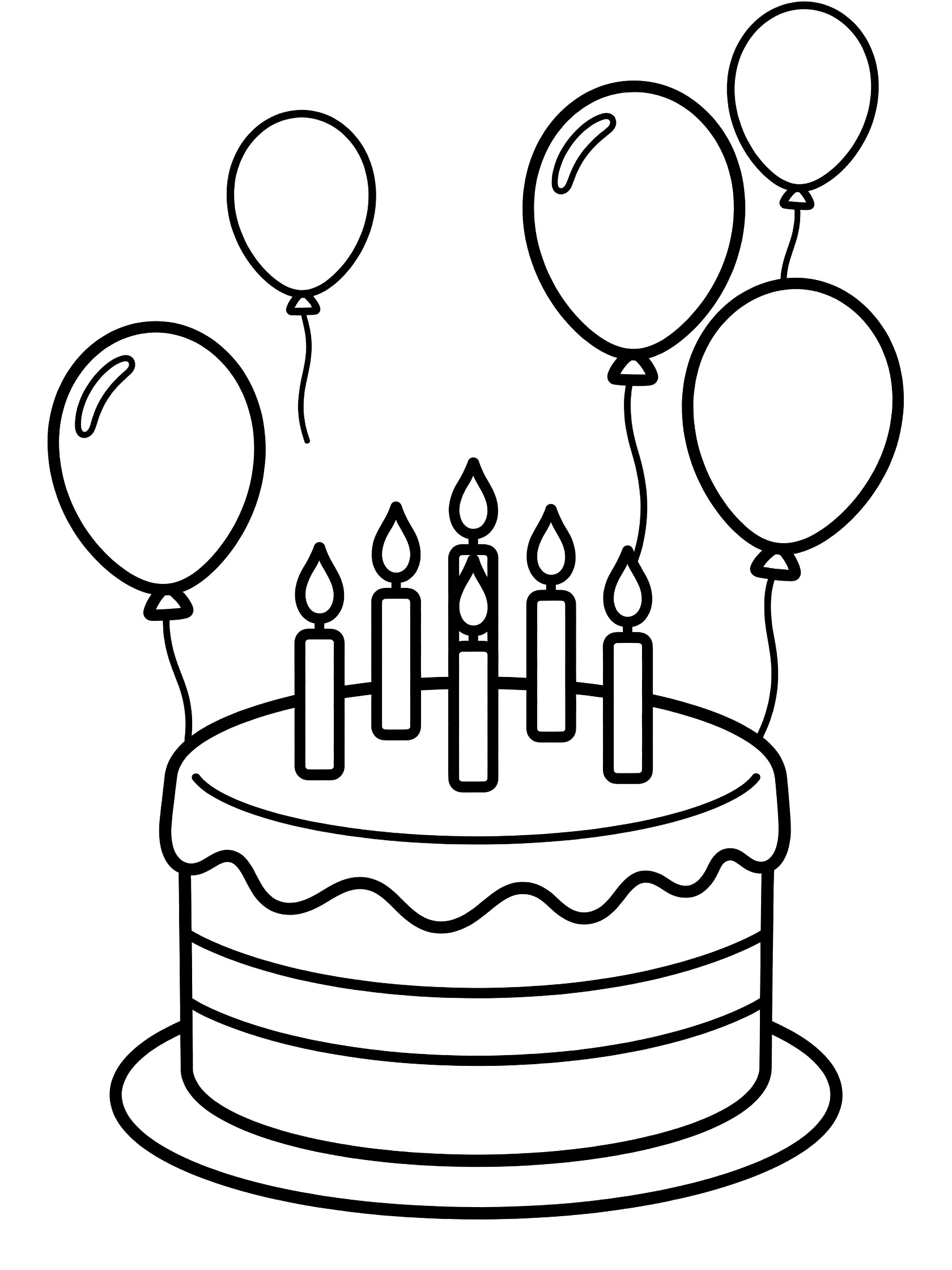 Black and white line drawing of a cheerful birthday cake topped with candles and surrounded by balloons, perfect for kids coloring. 70th Birthday themed black and white printable line art