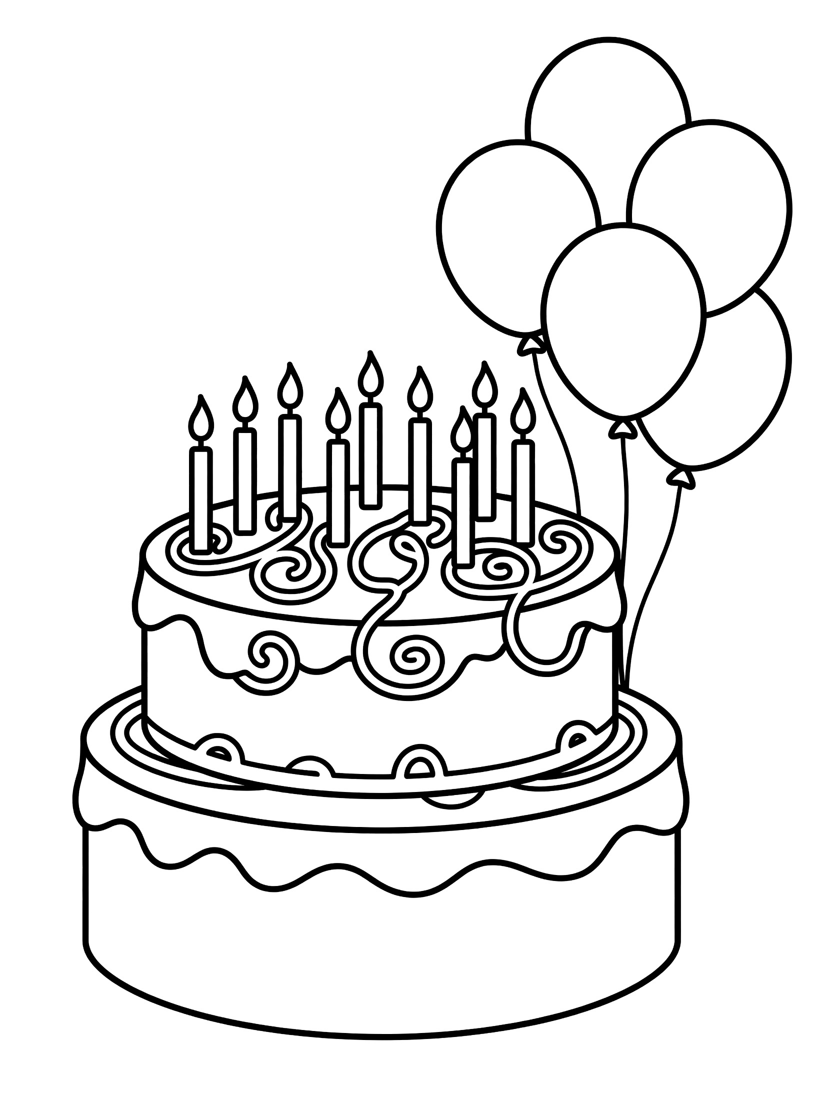 Black and white line art coloring page showing a round two-layer birthday cake topped with several straight candles and swirling icing patterns, with balloons floating beside it on strings.