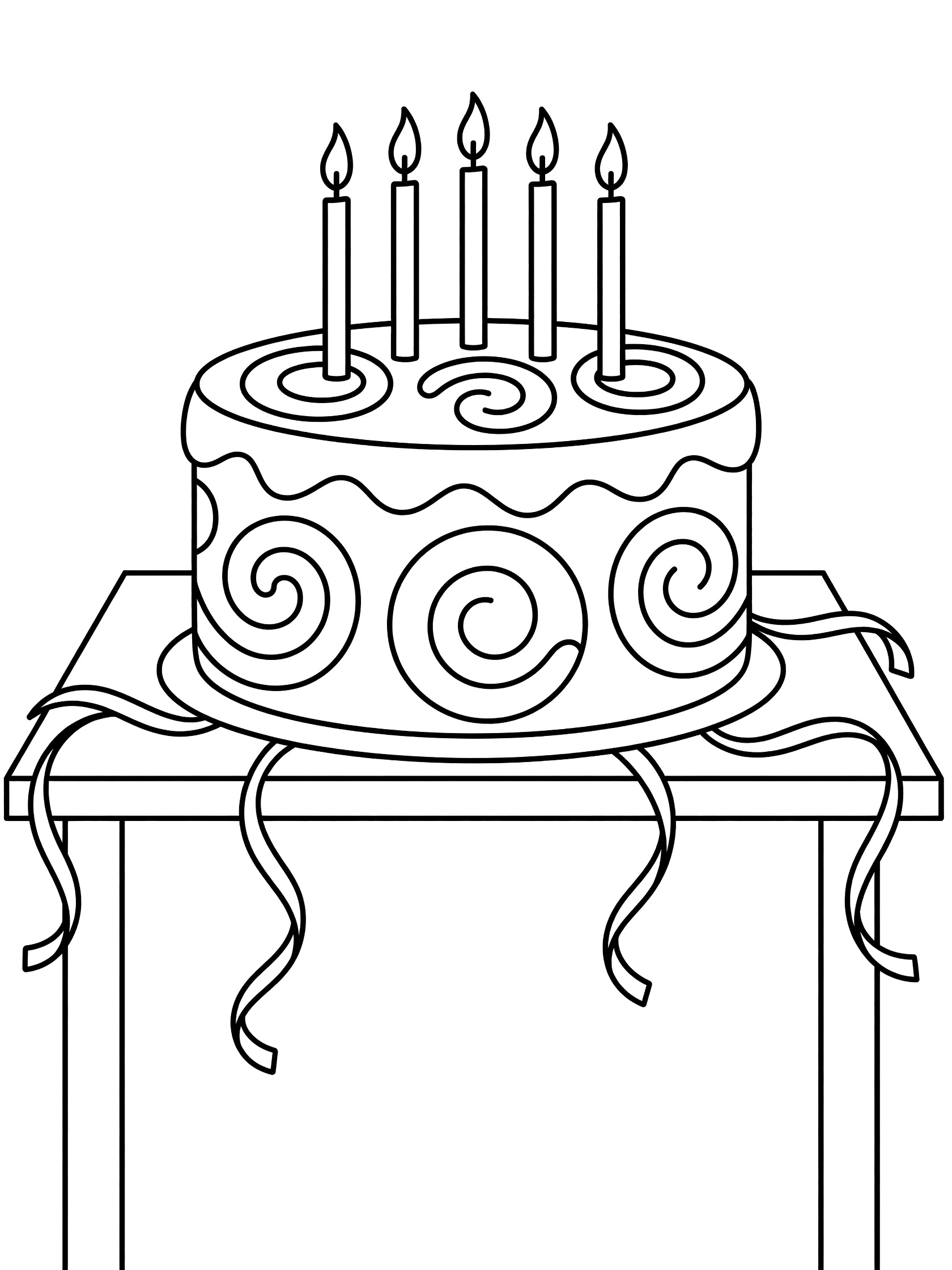 Printable coloring page showing a large round birthday cake with five lit candles on top, swirls of frosting on the sides, and streamers hanging from a table. 5th Birthday themed black and white printable line art