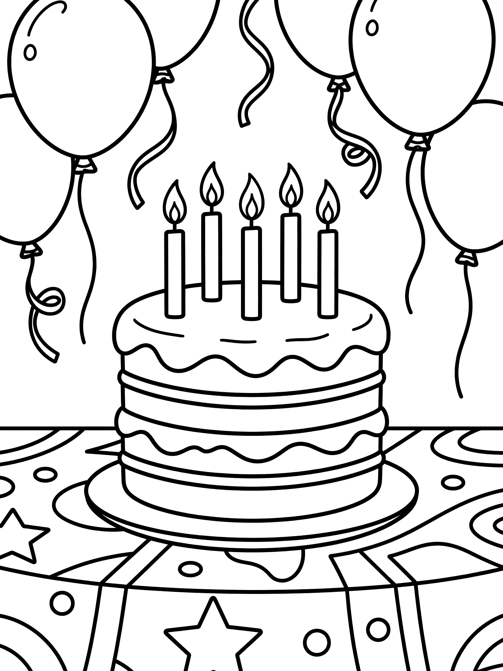Printable birthday cake coloring page featuring a layered cake topped with four flickering candles, surrounded by floating balloons and a patterned tablecloth.