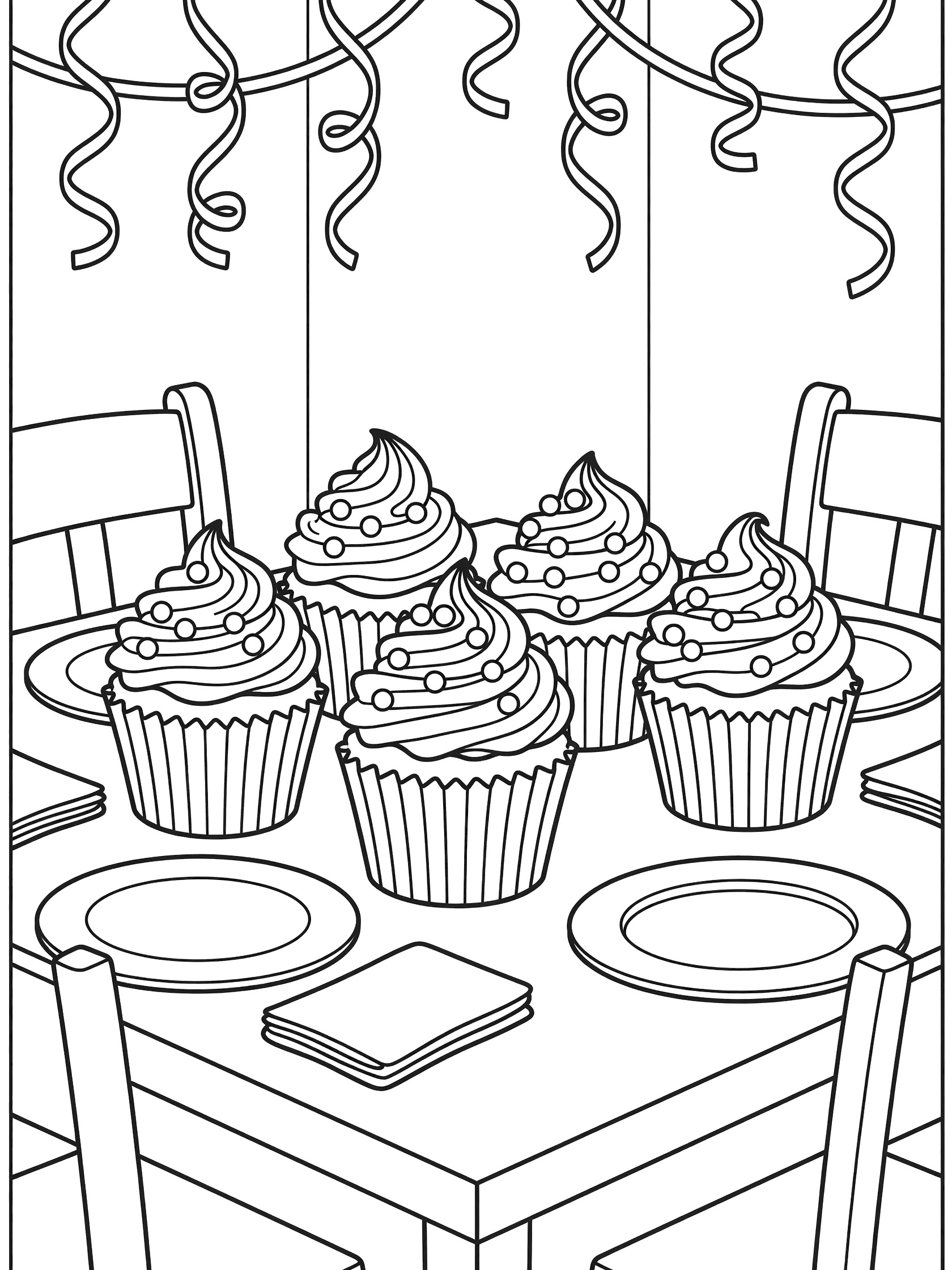 Black-and-white coloring page of cupcakes with tall frosting swirls and beads on plates around a table with chairs, napkins, and hanging streamers.