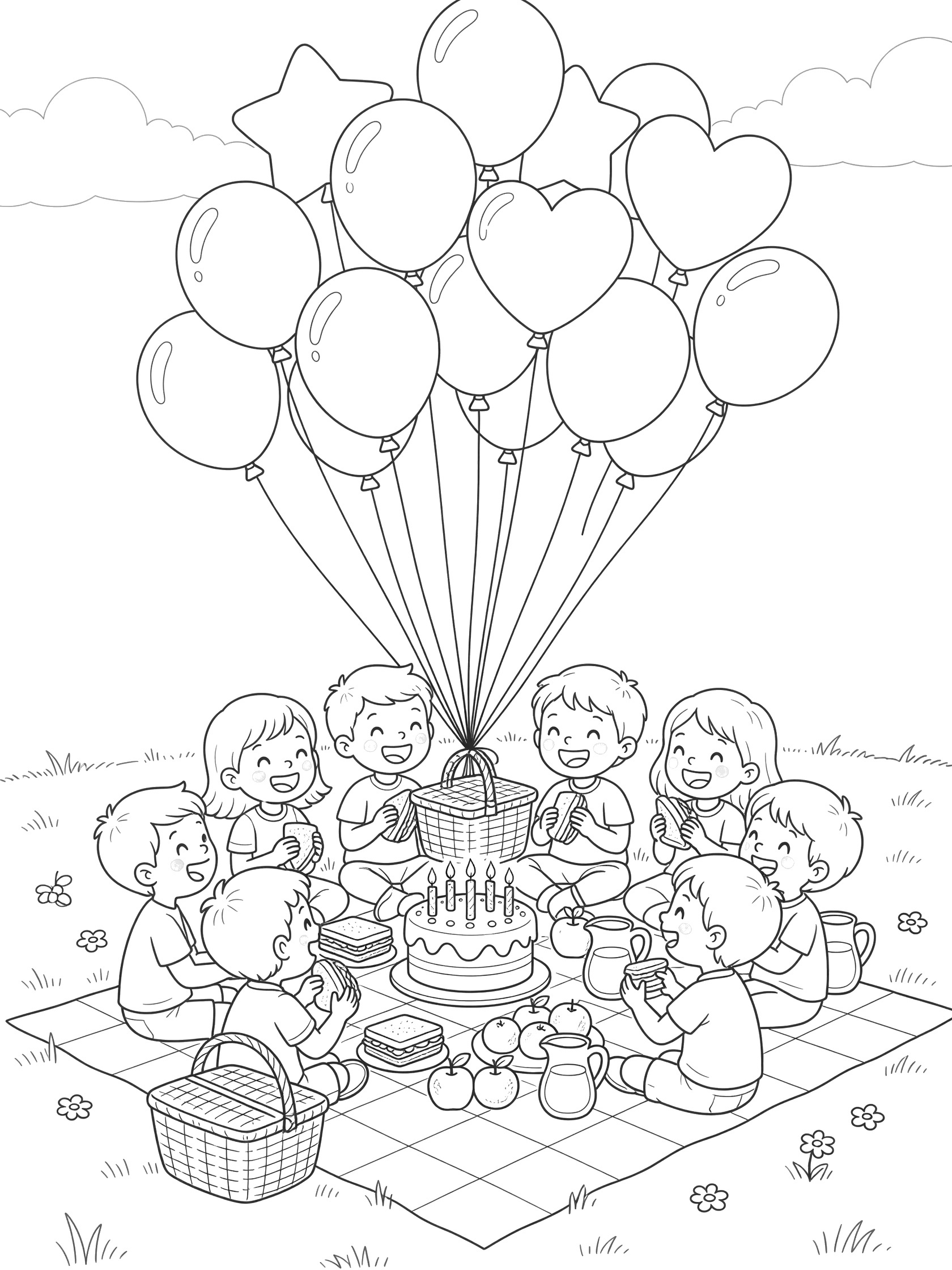 Line art coloring page showing kindergarten kids at a picnic with birthday cake, sandwiches, fruits, picnic basket, and a large cluster of heart, star, and round balloons tethered by ribbons.