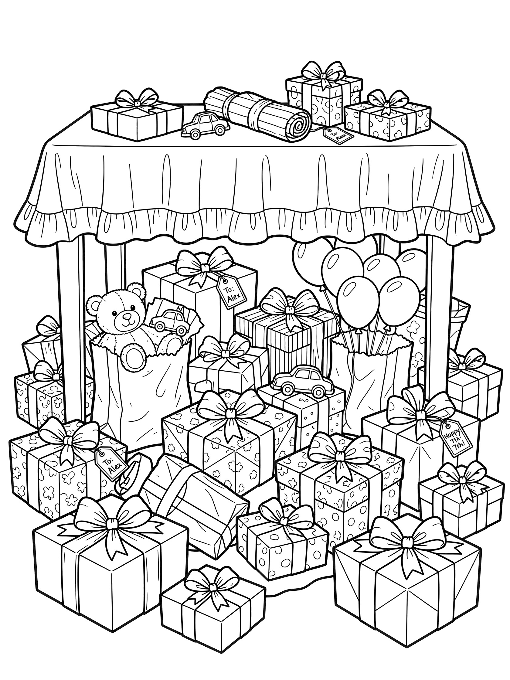 Cute cartoon coloring page showing a pile of birthday presents under a dining table with frilly tablecloth, balloons, teddy bears, and toy cars peeking out.