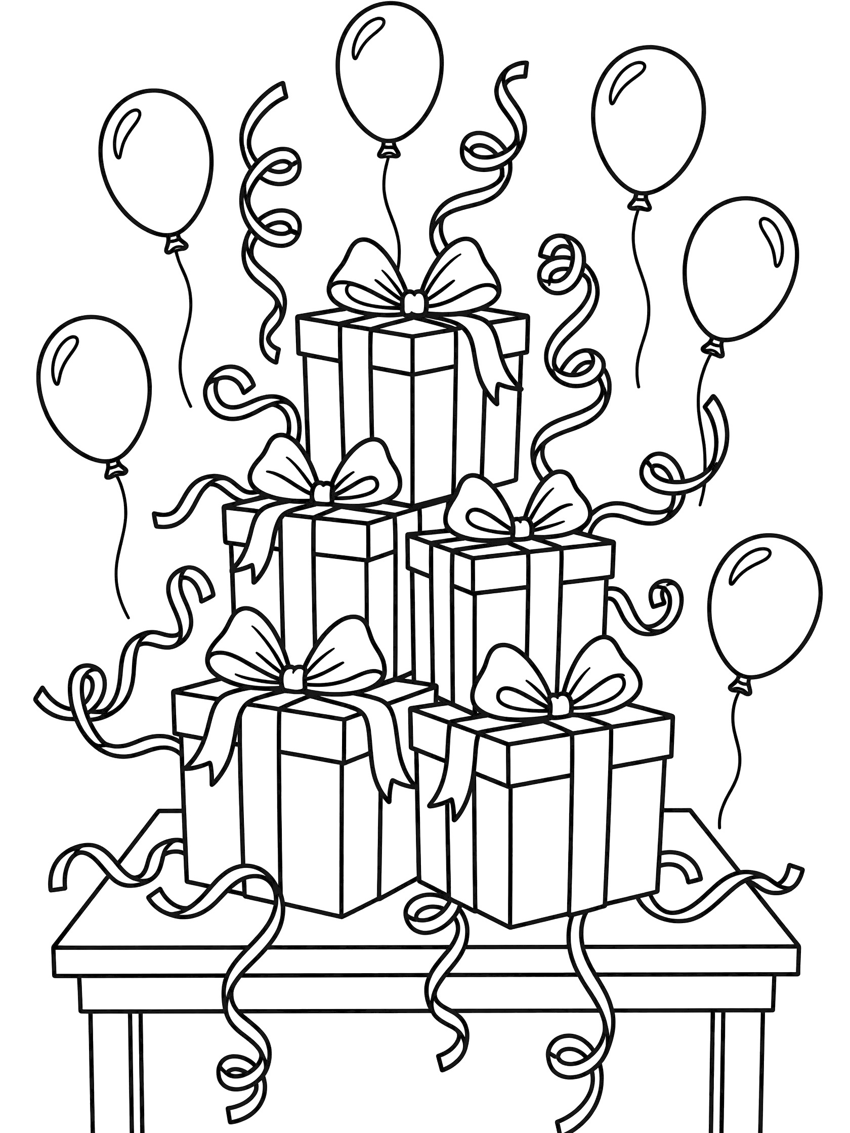 Stack of birthday presents coloring page with streamers draping around wrapped gifts topped with floppy bows, balloons floating nearby, on a party table