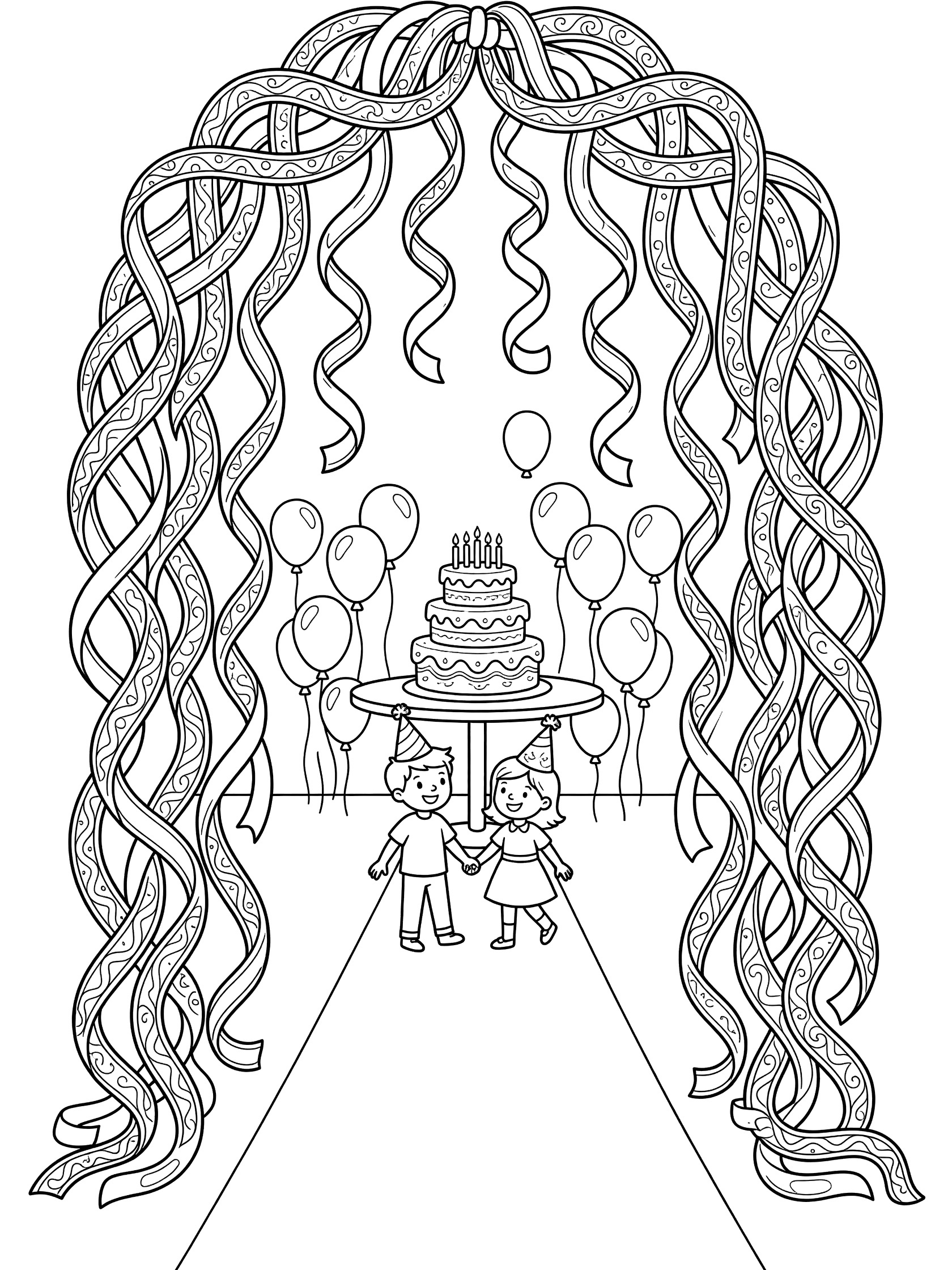 Symmetrical archway of twisting birthday streamers over two kids holding hands near a table with cake and balloons coloring page