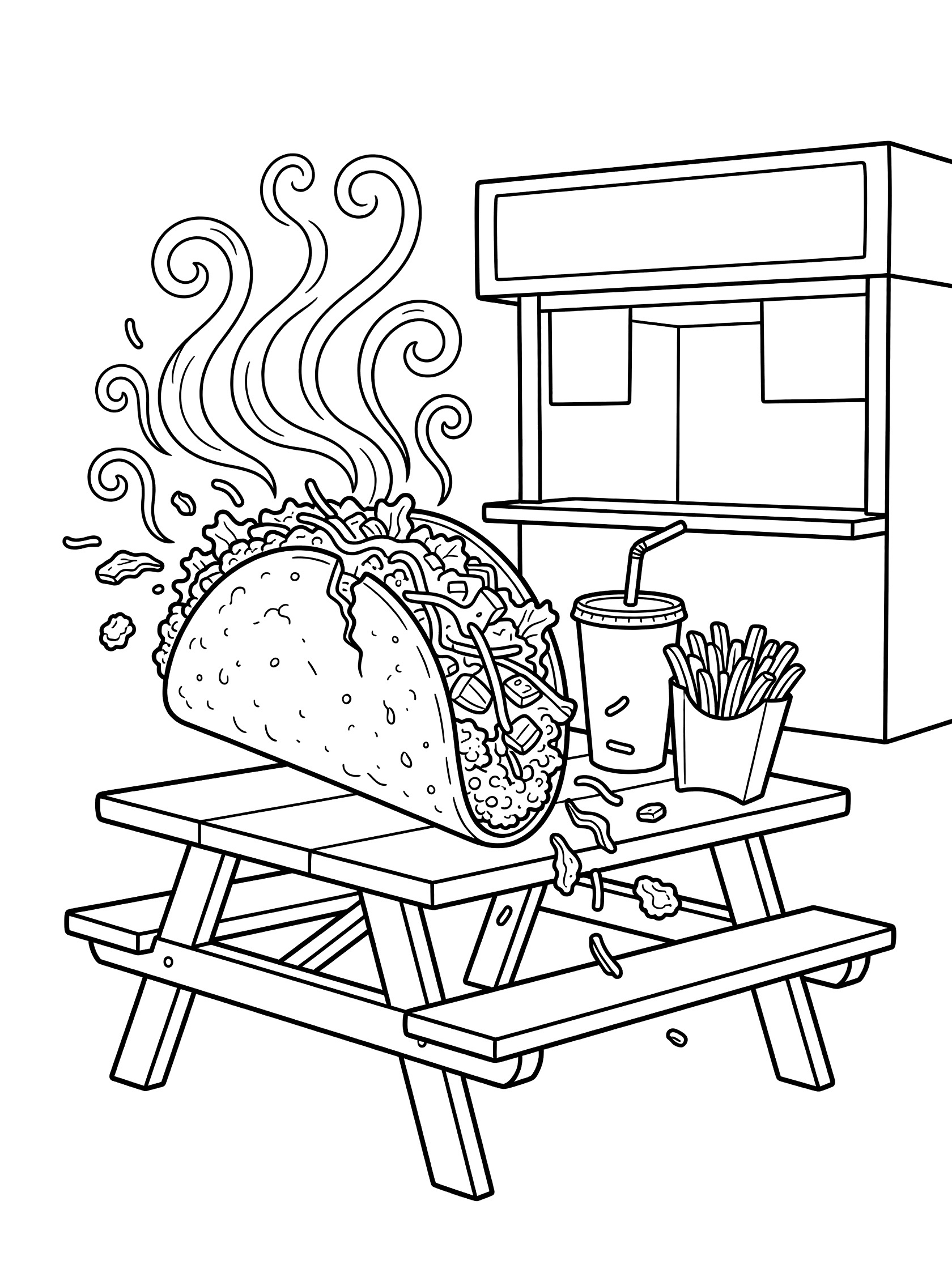 Printable coloring page showing a taco with bite taken out, bits falling, steam swirls, next to soda and french fries on a picnic table by a fast food stand