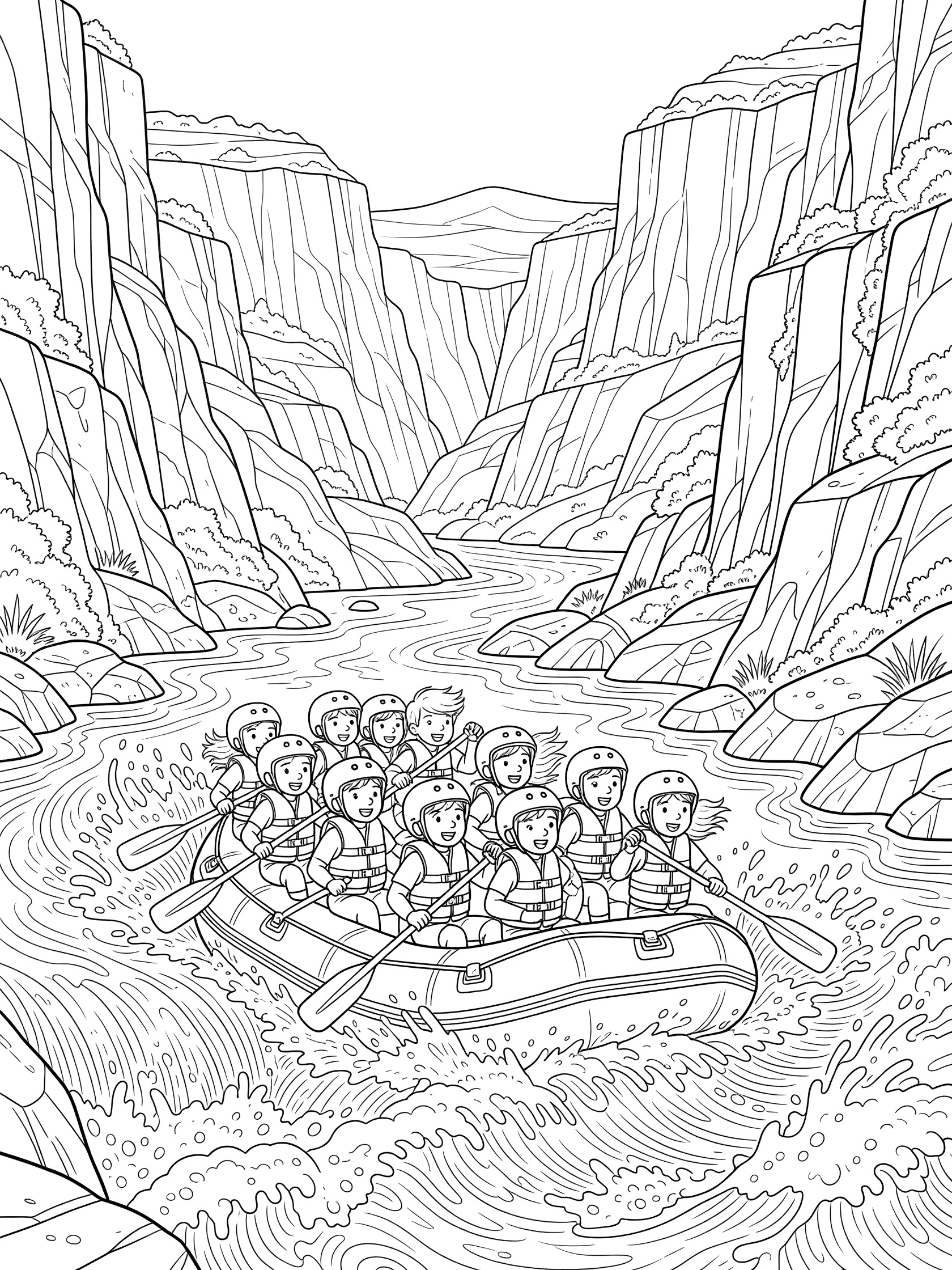 Black and white line art coloring page of tween kids river rafting in Black Canyon with steep cliffs, swirling waves, and excited paddlers in helmets.