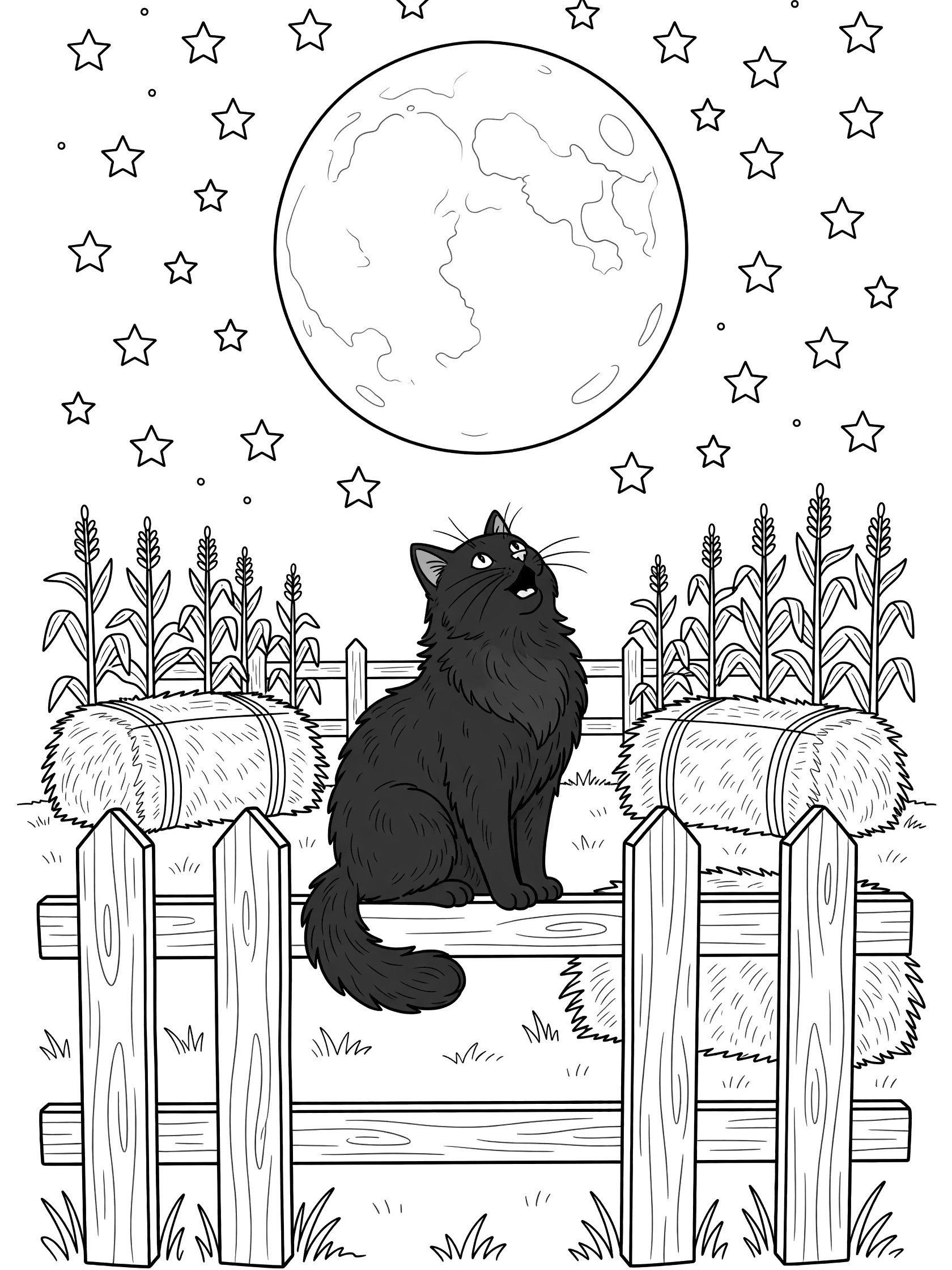 Black and white line art of a fluffy black cat sitting on a wooden fence howling at a big full moon in a starry Halloween sky with hay bales and cornstalks.
