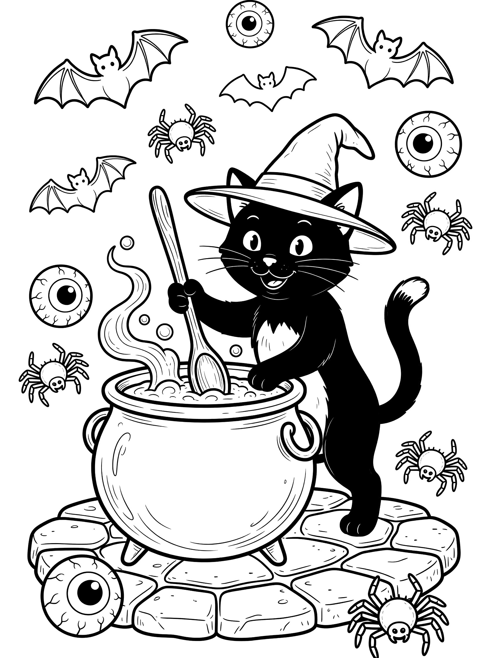 Black cat wearing pointy witch hat stirs large bubbling cauldron on stone floor, surrounded by floating bats, eyeballs, and spiders - Halloween coloring page