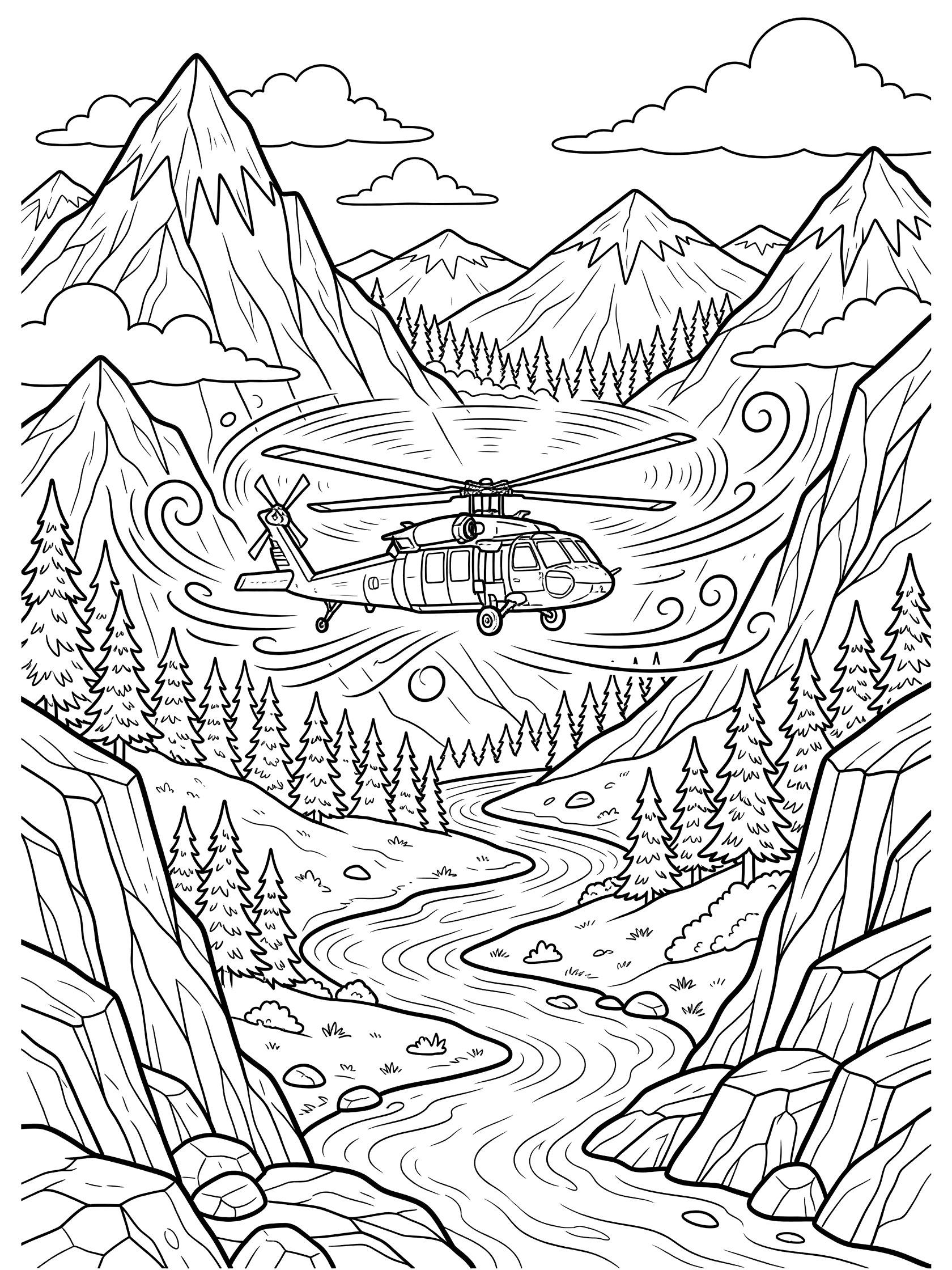 Black and white line art of a Black Hawk helicopter soaring through dramatic mountains with rotors spinning, river below, pine trees, and clouds.