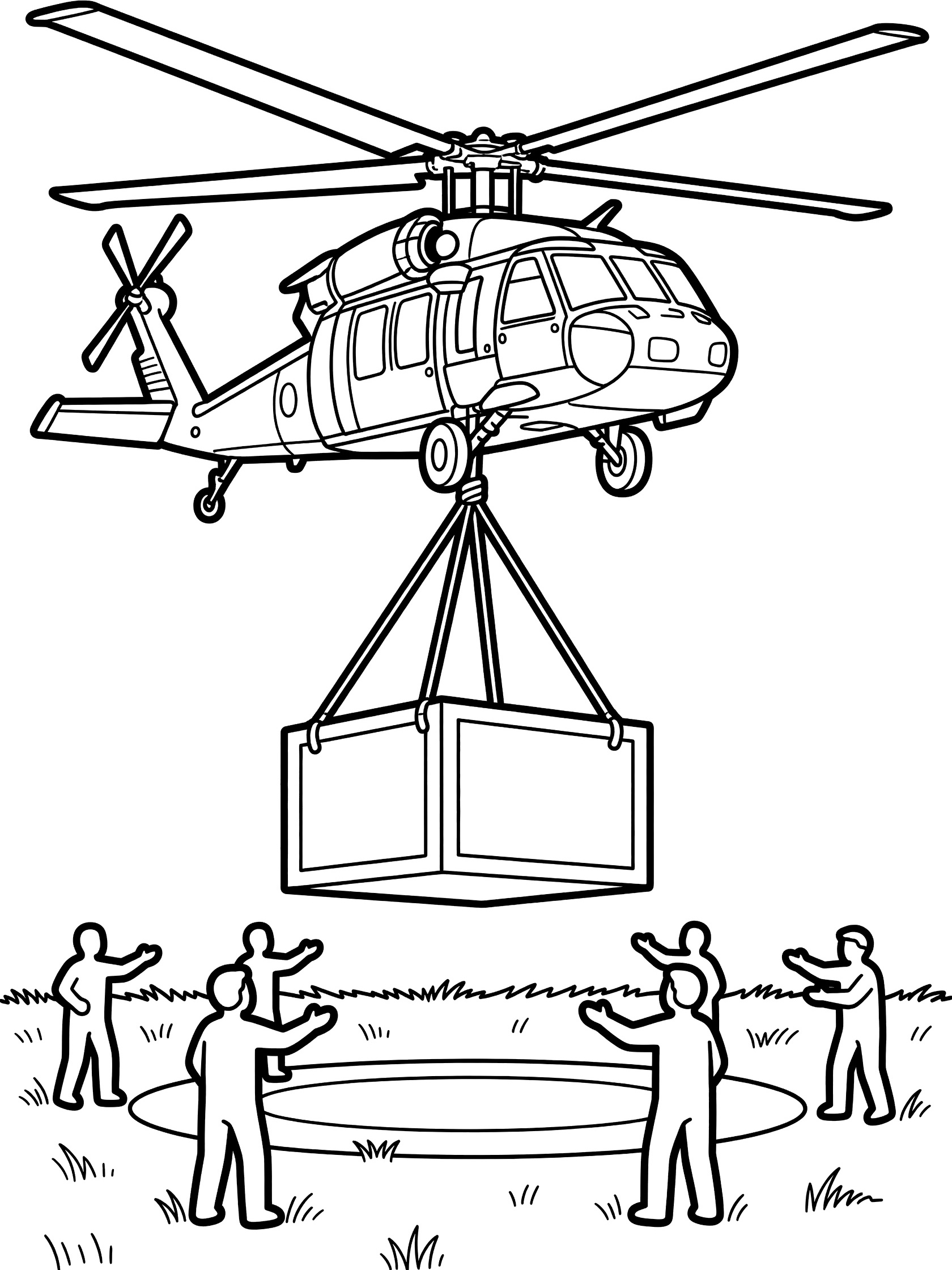Black Hawk helicopter in black and white line art, hovering low and lifting a rectangular cargo crate by thick ropes, with ground crew and helipad below.