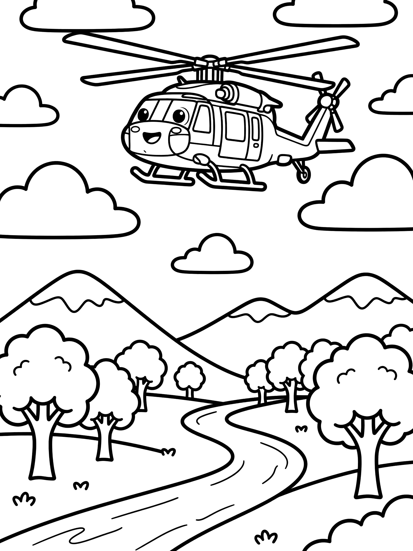Cute cartoon Black Hawk helicopter with smiling face flying among clouds above mountains, river, and trees - printable coloring page