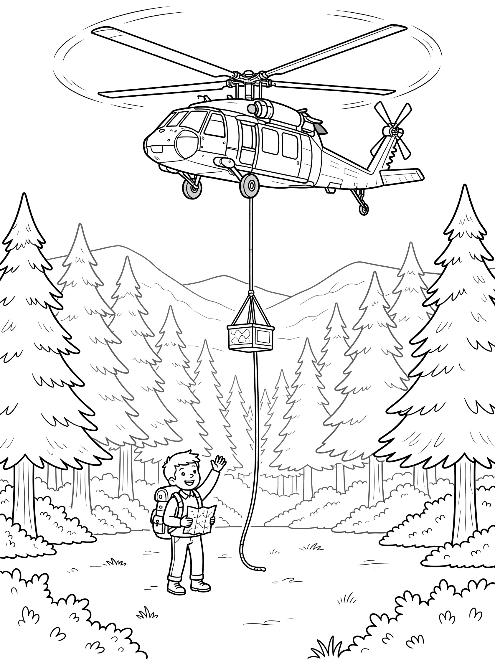 Black and white coloring page of a Black Hawk rescue helicopter hovering above a forest clearing, lowering a basket on a rope to a cheerful explorer with backpack and map waving from the ground