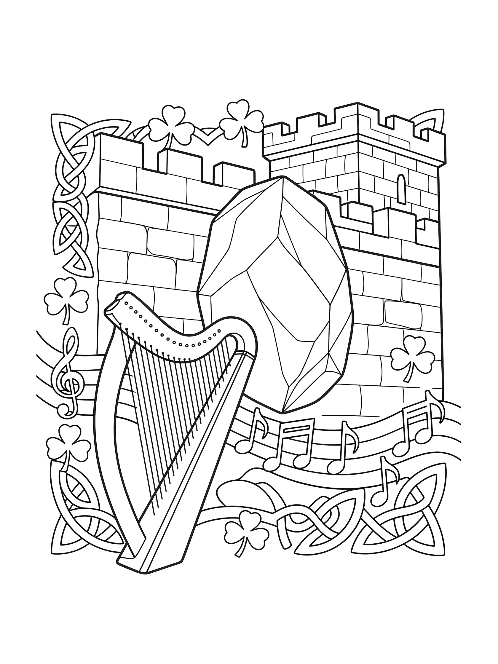 Black and white line art coloring page showing the Blarney Stone sticking out of a castle wall next to a large Irish harp with floating notes and shamrocks.